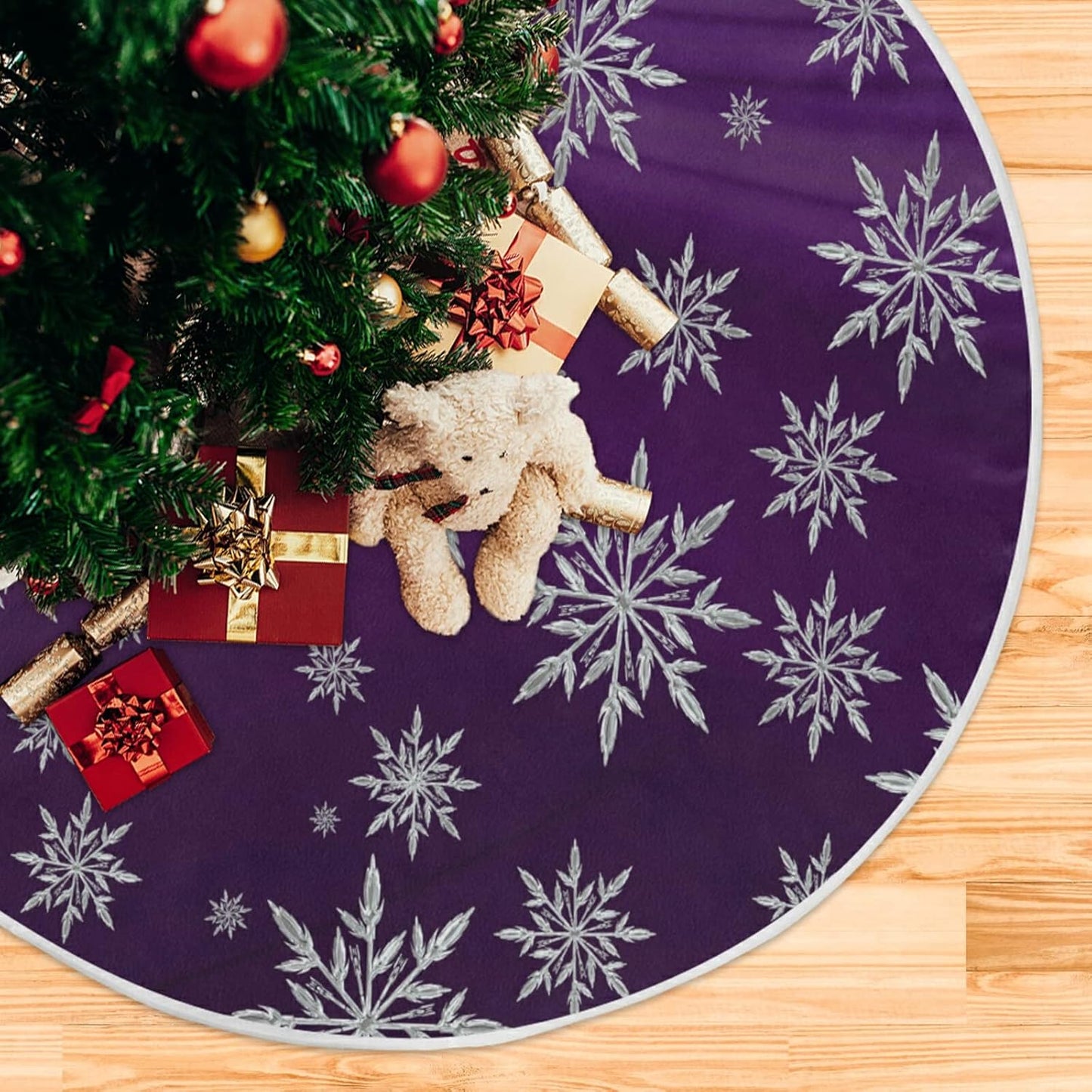 Christmas Snowflake Purple Tree Skirt, Seasonal Tree Mat Holiday Party Supplies Ornaments Indoor Outdoor Decorations for Tabletop Trees 47.2 Inches