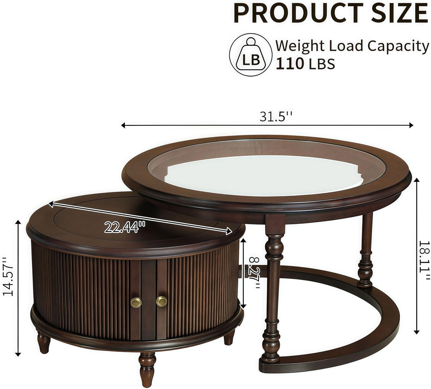 31.5'' Nesting Coffee Table Set of 2, Solid Wood Round Nesting Coffee Table Fluted with Storage, Brown Modern Coffee Table Set for Living Room Office