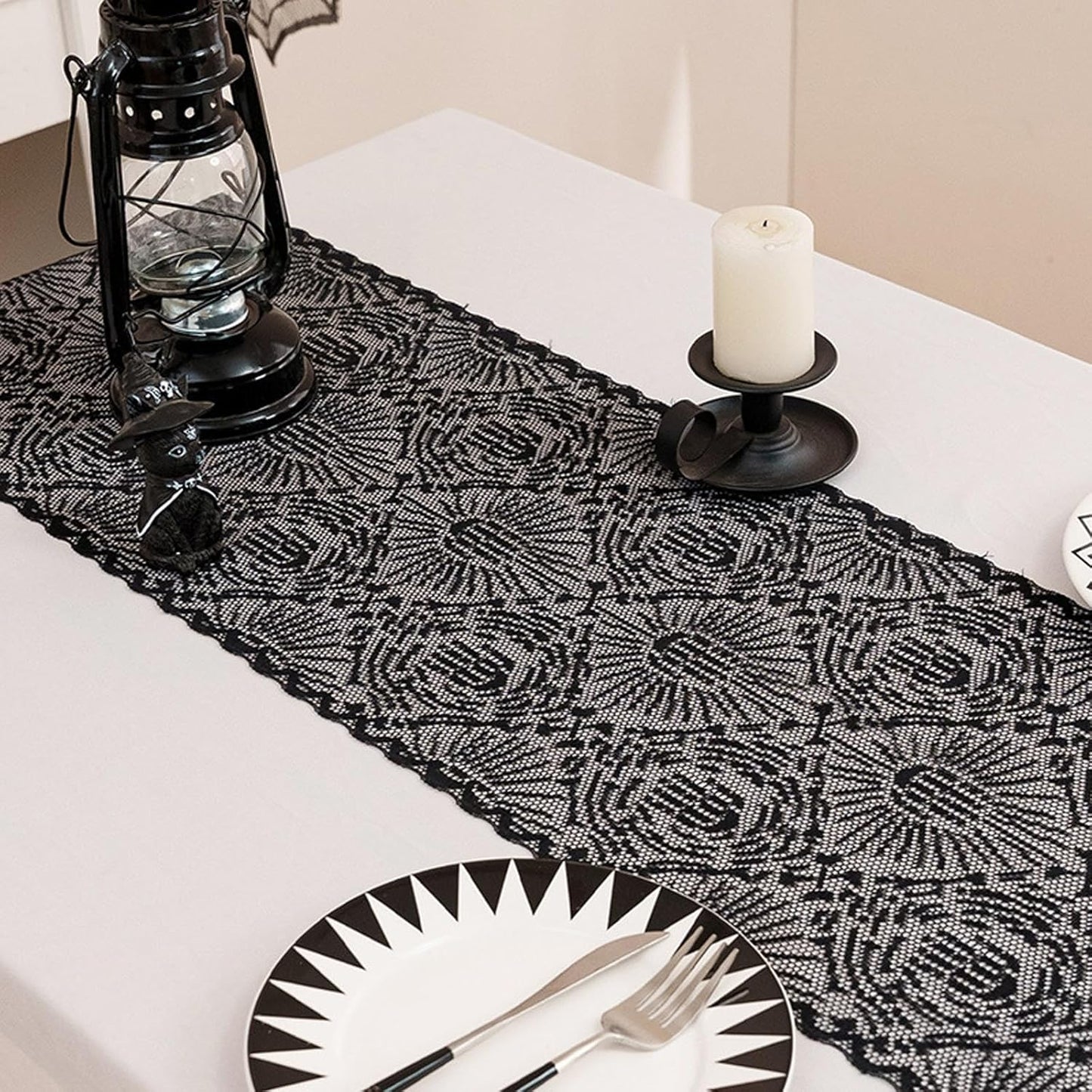 Halloween Black Lace Table Runner Ghost Hand Pattern Gothic Table Decorations Fireplace Mantel Scarf Halloween Indoor Party Tabletop Decor Supplies for Home Party 12×71 Inches