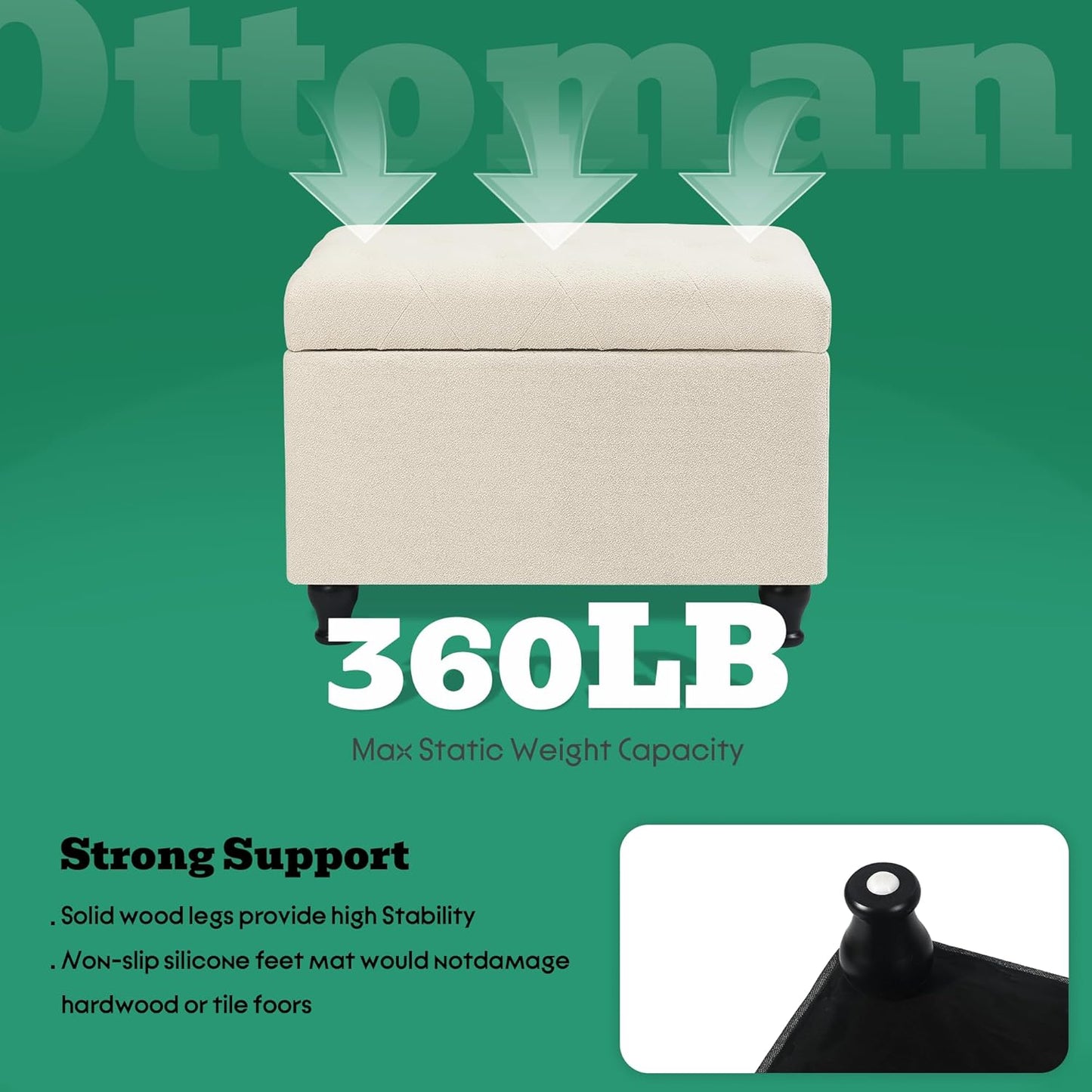 Ottoman with Storage 24'' Storage Ottomans Fabric Ottoman Footstools Small Upholstered Foot Rest Stool for Couch, Living Room, Bedroom, Entrance Shoe Bench Beige