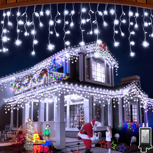 132FT 1332 LED Outdoor Christmas Lights - 296 Ice Drops, 12 Pro Modes with Timer Memory & Brightness, Waterproof Hanging Ice String Light for Holiday Wedding Garden Fence House Decor (Cool White)