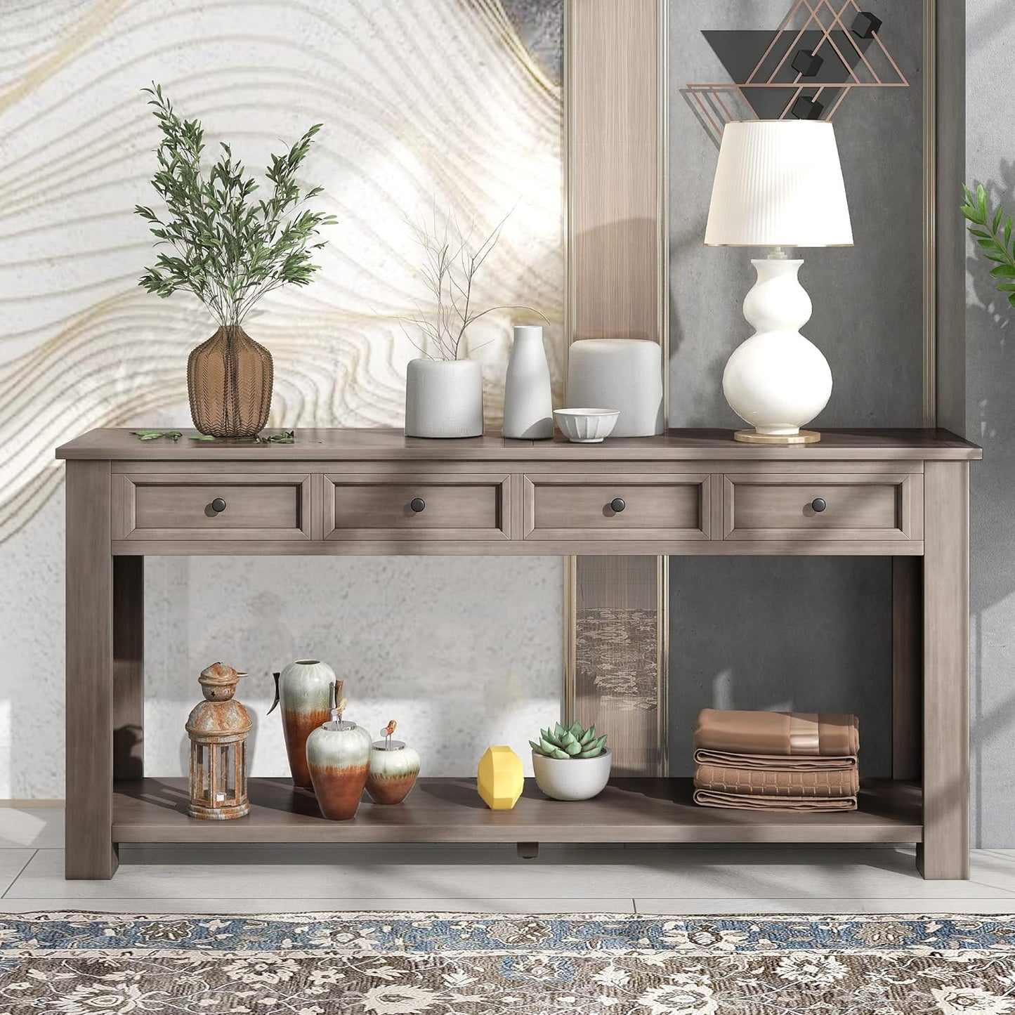 Solid Wood Console Table,Long Sofa Table Entryway Table with 4 Drawers and Bottom Shelf for Hallway Living Room Couch Table,Fully Assembled (63" Gray Wash)