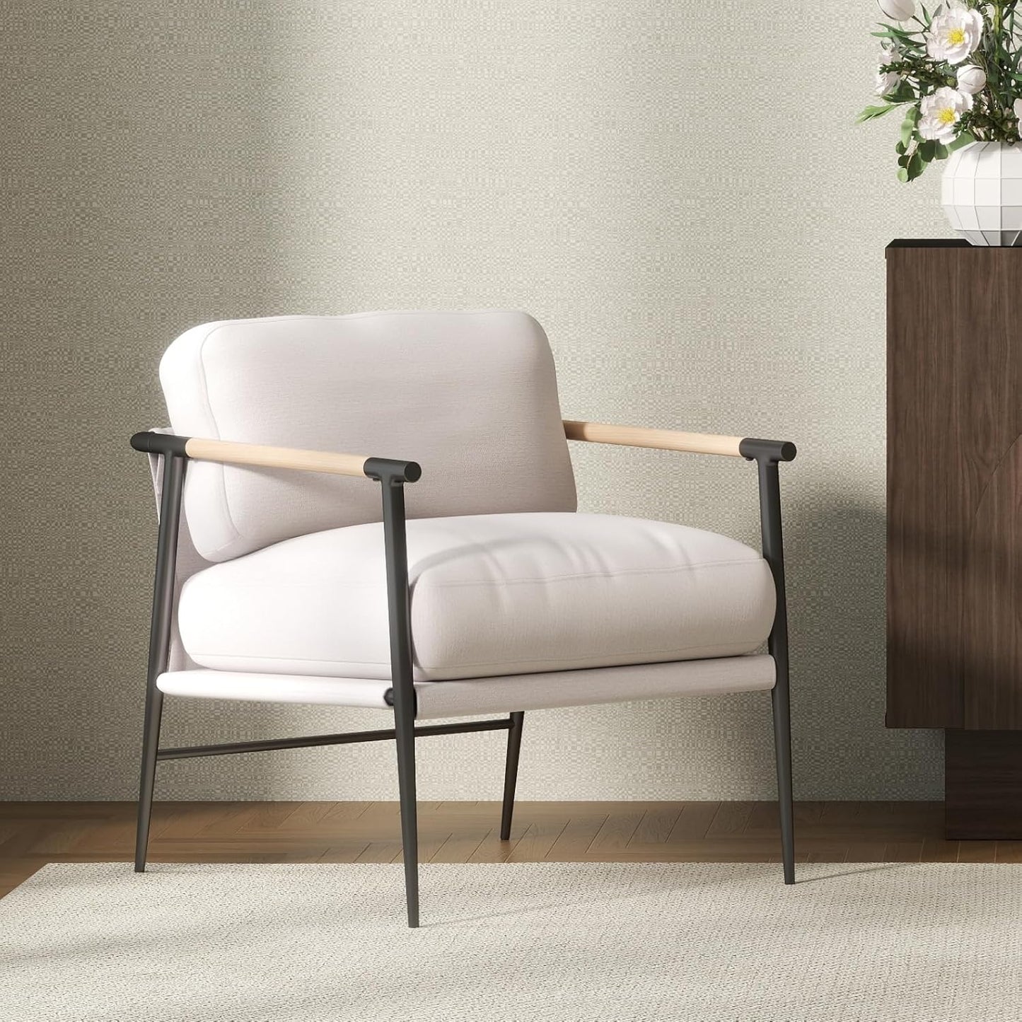 Mid-Century Accent Chair, Soft Armchair Chenille Fabric Lounge Chair with Black Metal Legs, Upholstered Leisure Chair for Living Room Bedroom Reception Room, 1PC, Beige