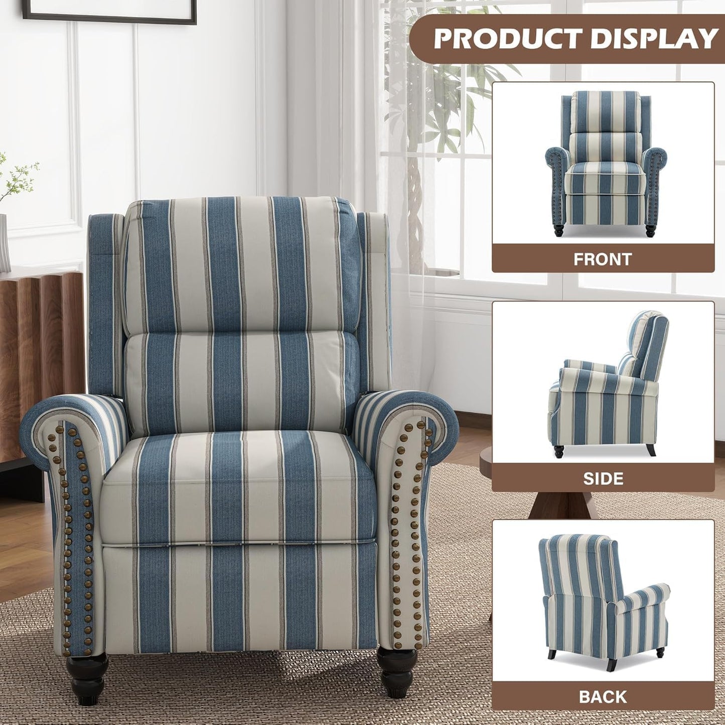 UIXE Pushback Recliner Chair Push Back Accent Chair, Fabric Overstuffed Armchair for Living Room, Rivet Trim Club Chair Home Theater Single Sofa Bedroom Reading Seat - Stripe Navy