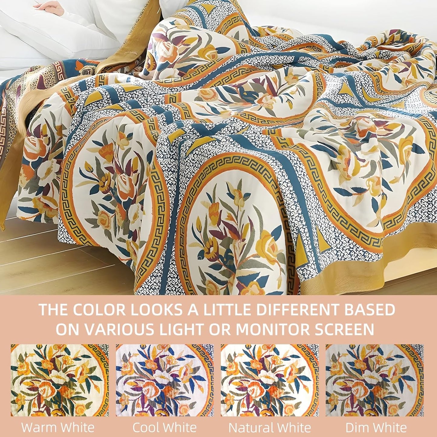 Boho Throw Blanket for Bed - 100% Pure Cotton Ultra Soft Rustic Quilt - Farmhouse Decor Bed Blankets, All Season Rustic Throw for Sofa Couch Chair(60"×80", Floral)