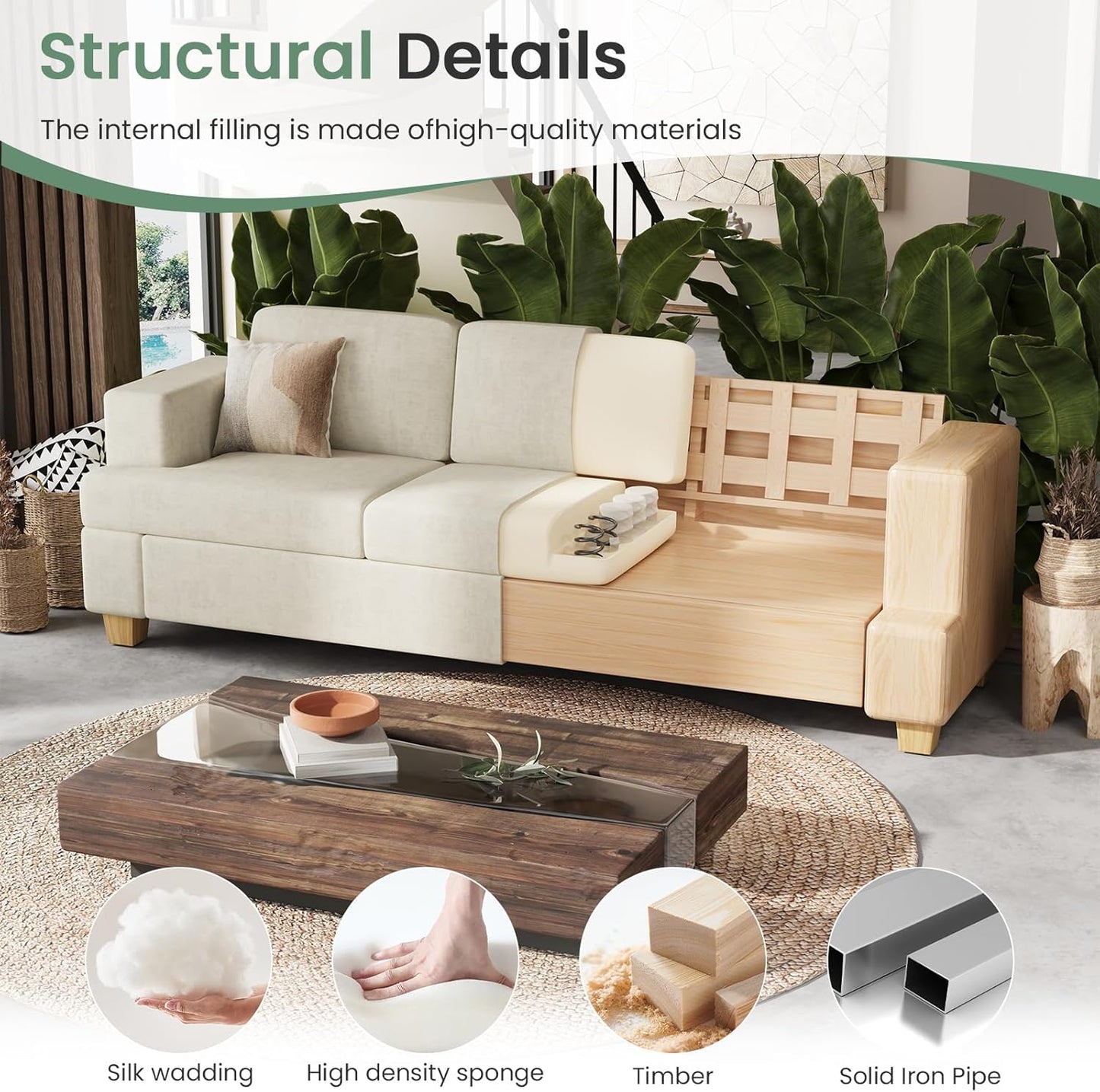 Sofa, 2 Piece Set Comfy Couch, 3 Seater & Loveseat Sofa with Deep Seats, Modern Sleeper Couch for Living Room, Beige Chenille