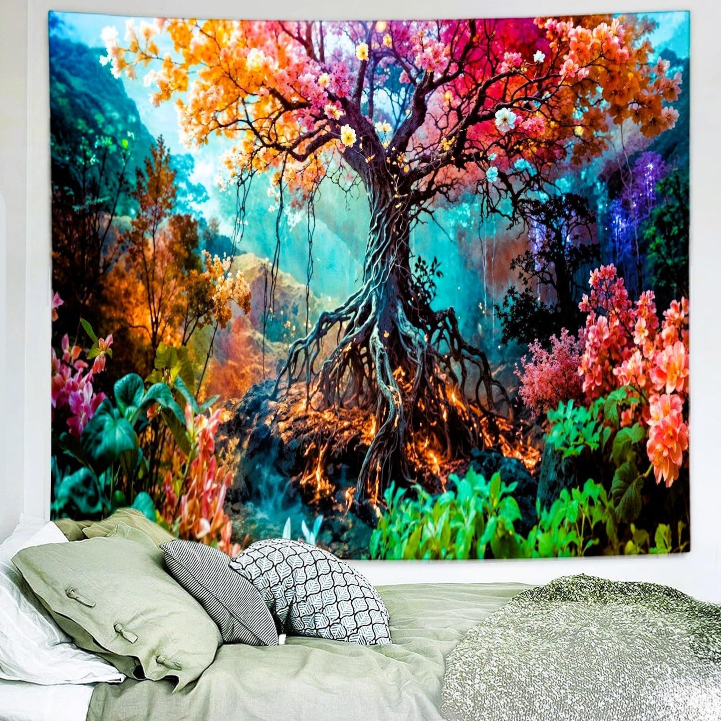 Delur Forest Tapestry Tree of Life Fantasy Tropical Rainforest Tapestry Wall Hanging Colorful Nature Mystical Landscape Psychedelic Spiritual Headboard for Bedroom Living Room Home Decor (51.2" x 59.1")