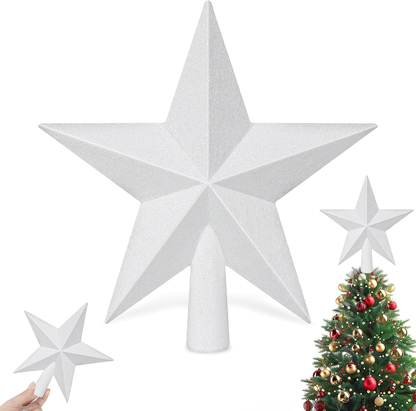 Star Tree Topper, 8" White Christmas Tee Topper Decorations, Glitter 3D Xmas Bethlehem Star Waterproof Shatter-Proof, Christmas Tree Topper Ornament Decor for Christmas Holiday Party Indoor Outdoor