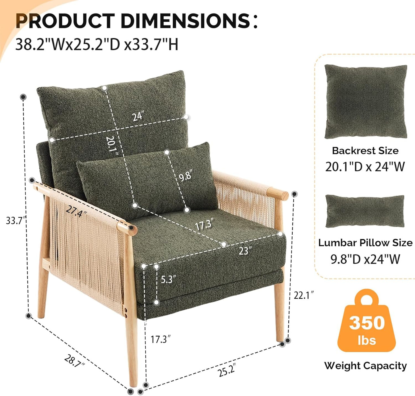 VINGLI Boho Braid Accent Armchair,Mid-Century Modern Chiar with Solid Wooden Armrest,Comfy Louge Cushion Chair with Waist Pillow for Bedroom,Living Room,Reading Room, Dark Green