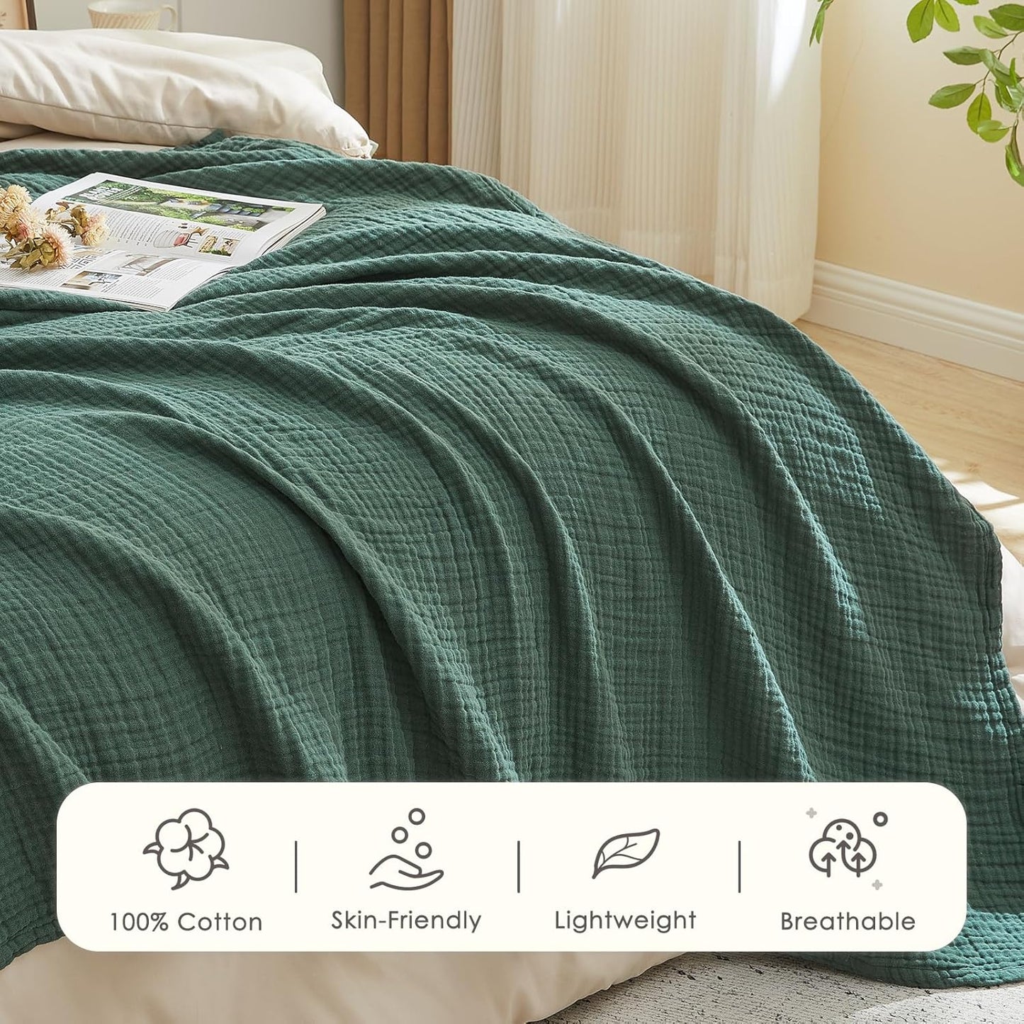 EMME Cotton Muslin Queen Blanket Bed Layering Breathable Gauze Blanket Soft Lightweight Blankets Adults (Forest Green, 90"x90")