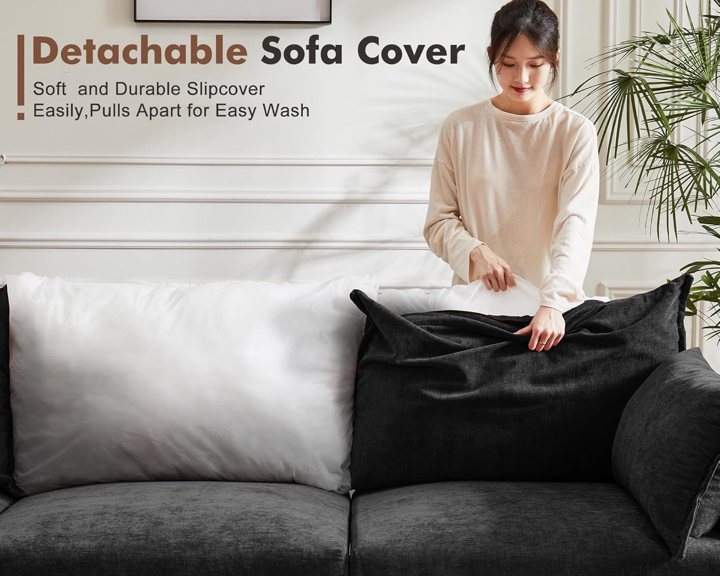 134.6" Modular Sectional Sofa, Oversized 4 Seater Couch with Removable Black Chenille Fabric Cover, Deep Seat & High Backrest for Living Room, Office & Apartment