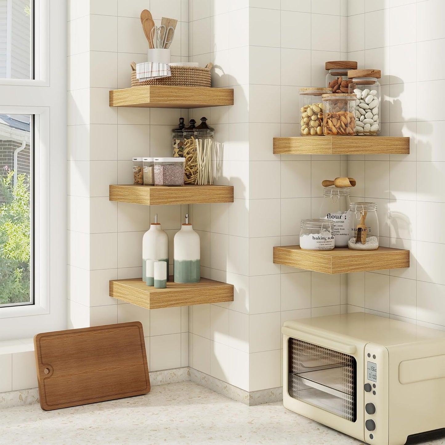 fuqing Floating Shelves for Wall, Bathroom Shelf Wall Mounted for Storage, Shelves with Invisible Bracket for Bedroom, Kitchen, Living Room, Farmhouse Small Book Shelf, 6.5 Inch Set of 3, Oak