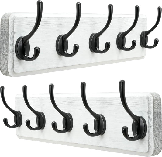 Dseap Coat Rack Wall: Patented, Heavy-Duty, 5-Double-Hooks Wooden Wall Mounted Coat Rack Coat Hanger Hook Rail for Winter Coats Hat Jacket Clothing, White & Black, Pack of 2