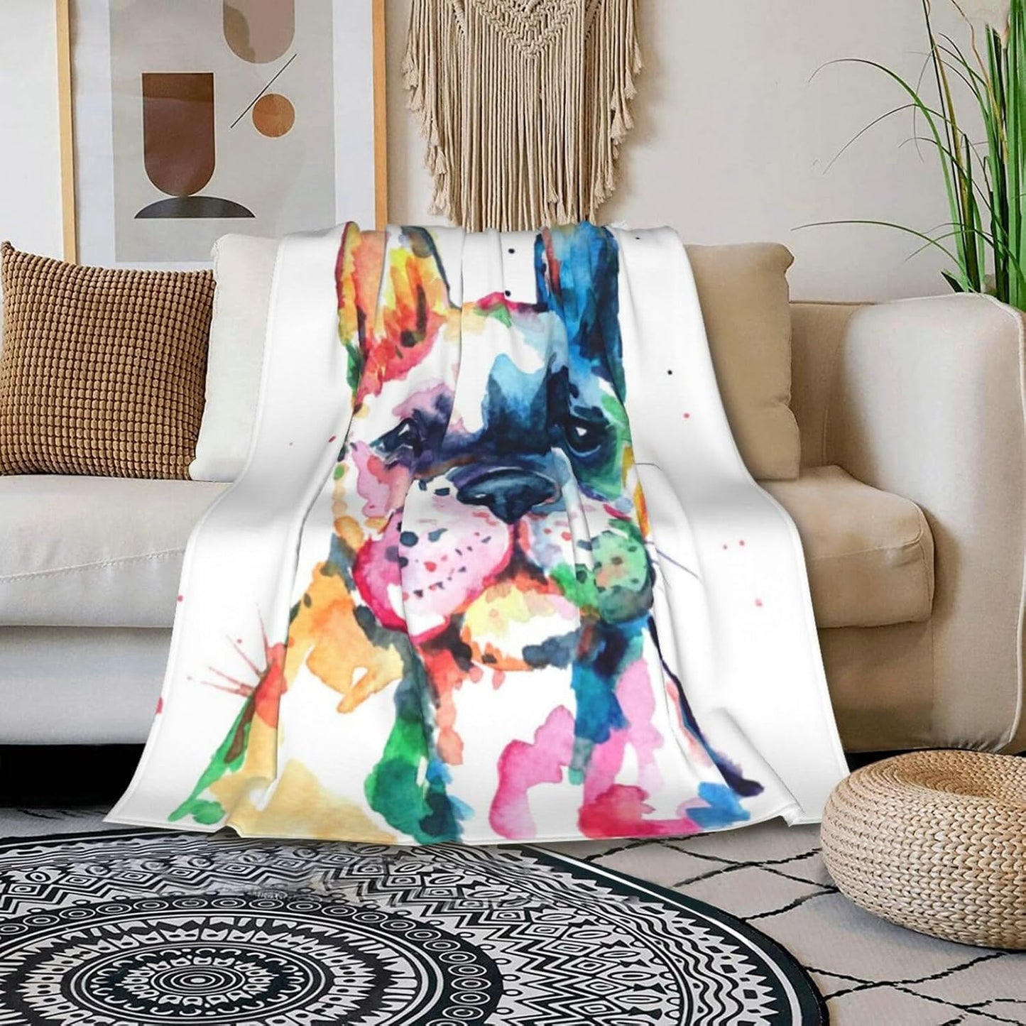 HGOD DESIGNS Watercolor French Bulldog Fleece Throw Blanket Ultra Soft Cozy Blooming Decorative Flannel Blanket All Season for Home Couch Bed Chair Travel 50x60in