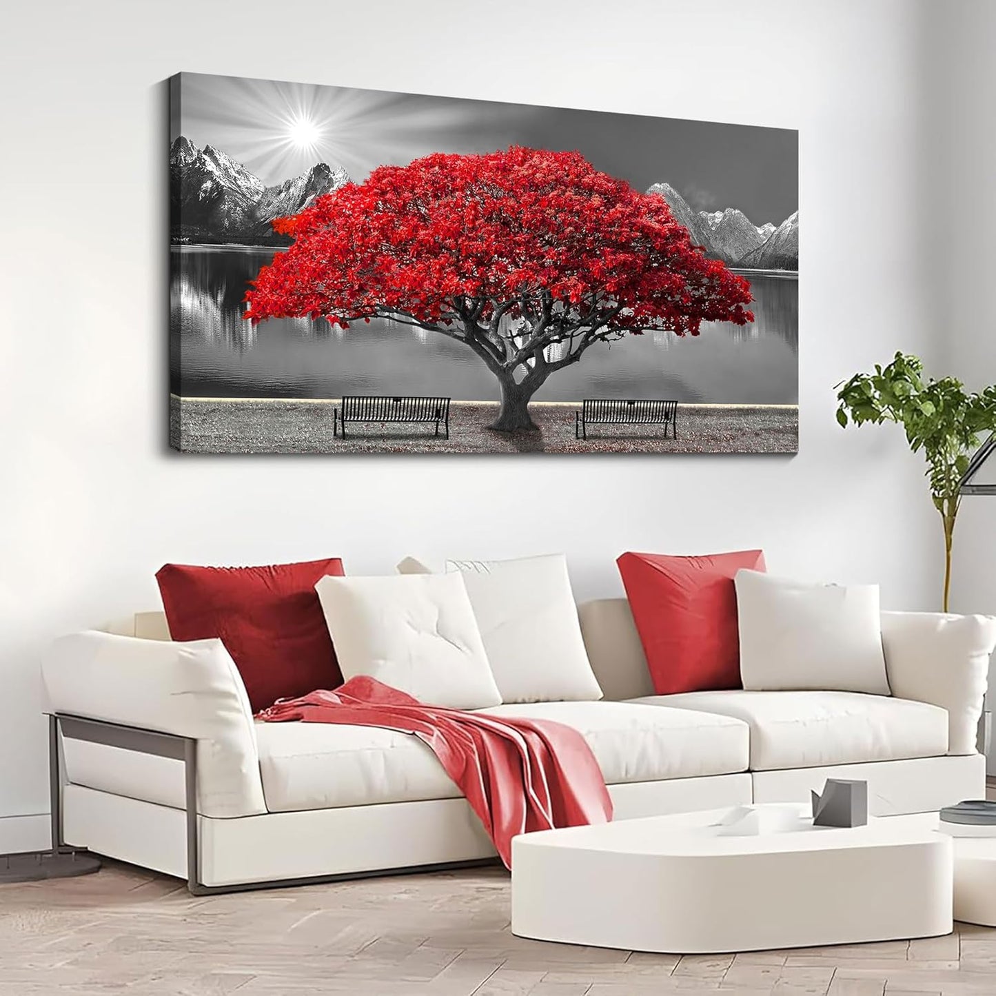 Black and White Red Tree Wall Art Canvas Print Picture Large Red Tree Landscape Modern Artwork for Living Room Bedroom Office Home Wall Decor With Frame 24X48inch