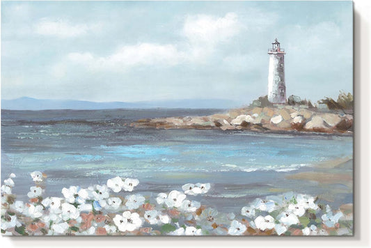 cozy country Lighthouse Wall Art 45"x30" - Coastal Pictures Beach Canvas Ocean Decor - Nautical Artwork Seascape Hand Painting for Living Room, Bedroom, Sea House