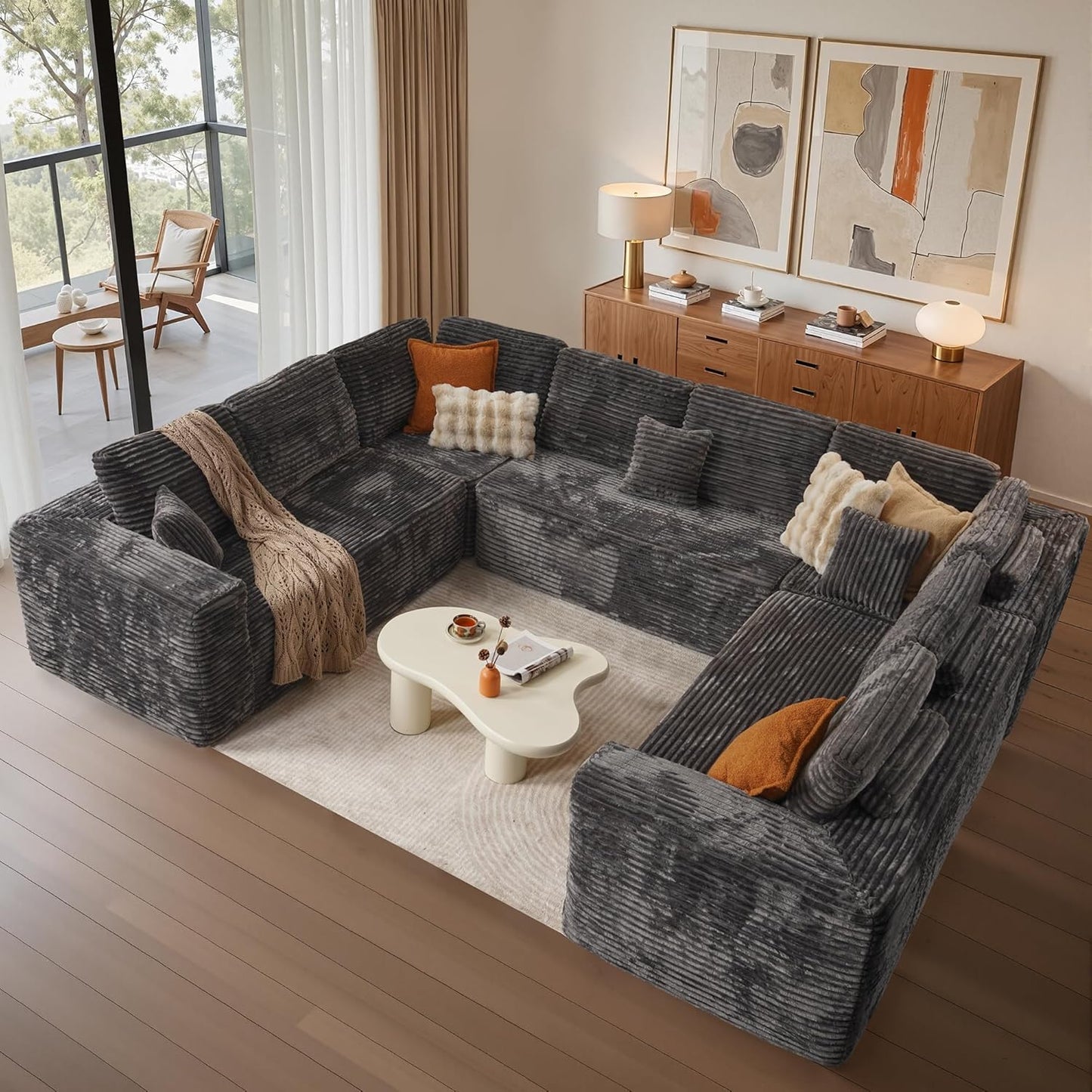 Cloud Sectional Couches for Living Room,U Shaped Modular Sofas No Assembly,135x107 Inches Plush Corduroy Oversized Floor Couch Set with Deep Seat Chaise,Grey