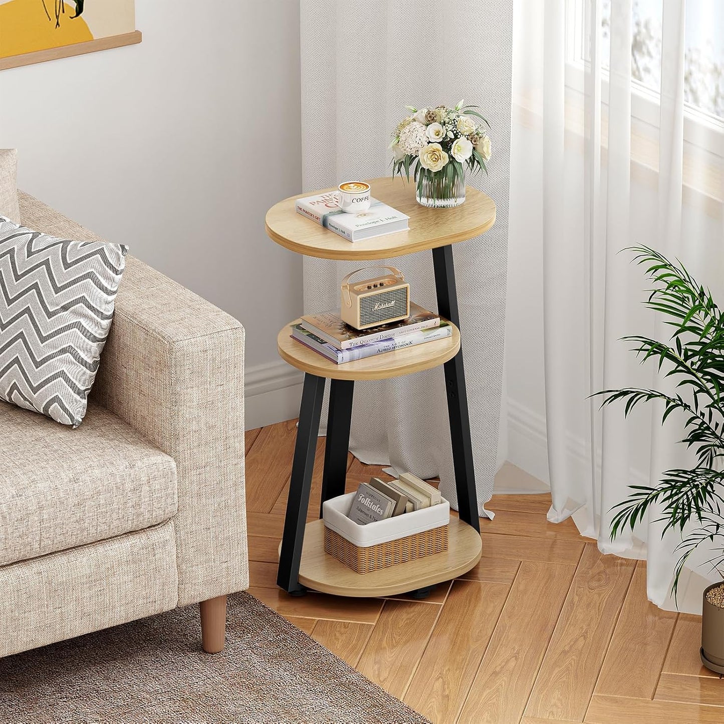 Side Table, Small End Table with Metal Frame, 3-Tier Bedside Tables, Round Side Tables for Living Room Bedroom Couch Bathroom, Oval, Modern Oak