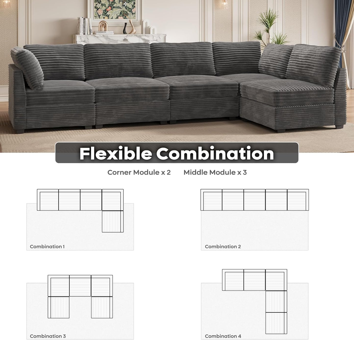 ovios Sectional Sofa Couch with L-Shape Chaise Oversized, Comfy Modular Cloud Couches with Deep Seat, Modern Upholstered Plush Corduroy Sofas Set for Living Room, 5-Seater, Grey