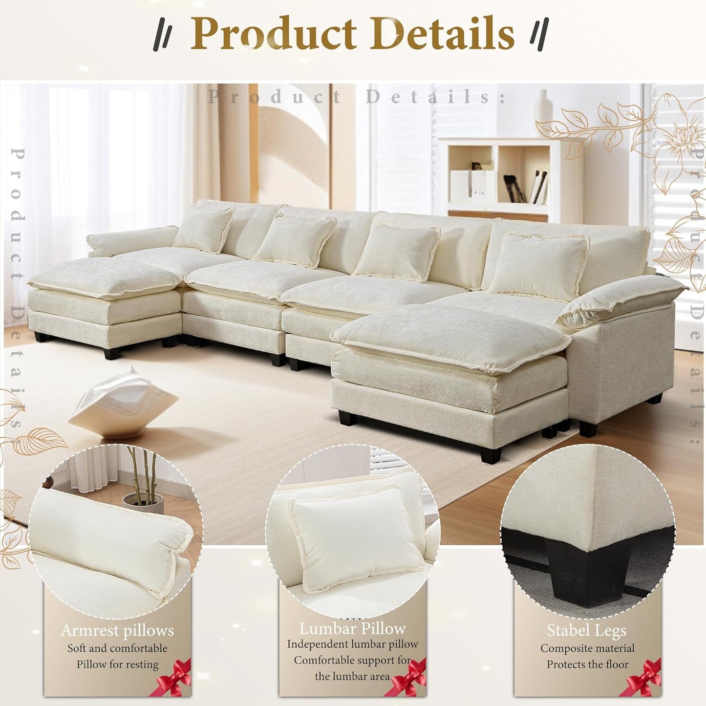 URRED Modular Sectional Sofa Comfy Cloud Couch, Modern Chenille Sofa Sleeper Deep Seat Couches with Ottoman/Pillows for Living Room (White, 154'' - U Shape)