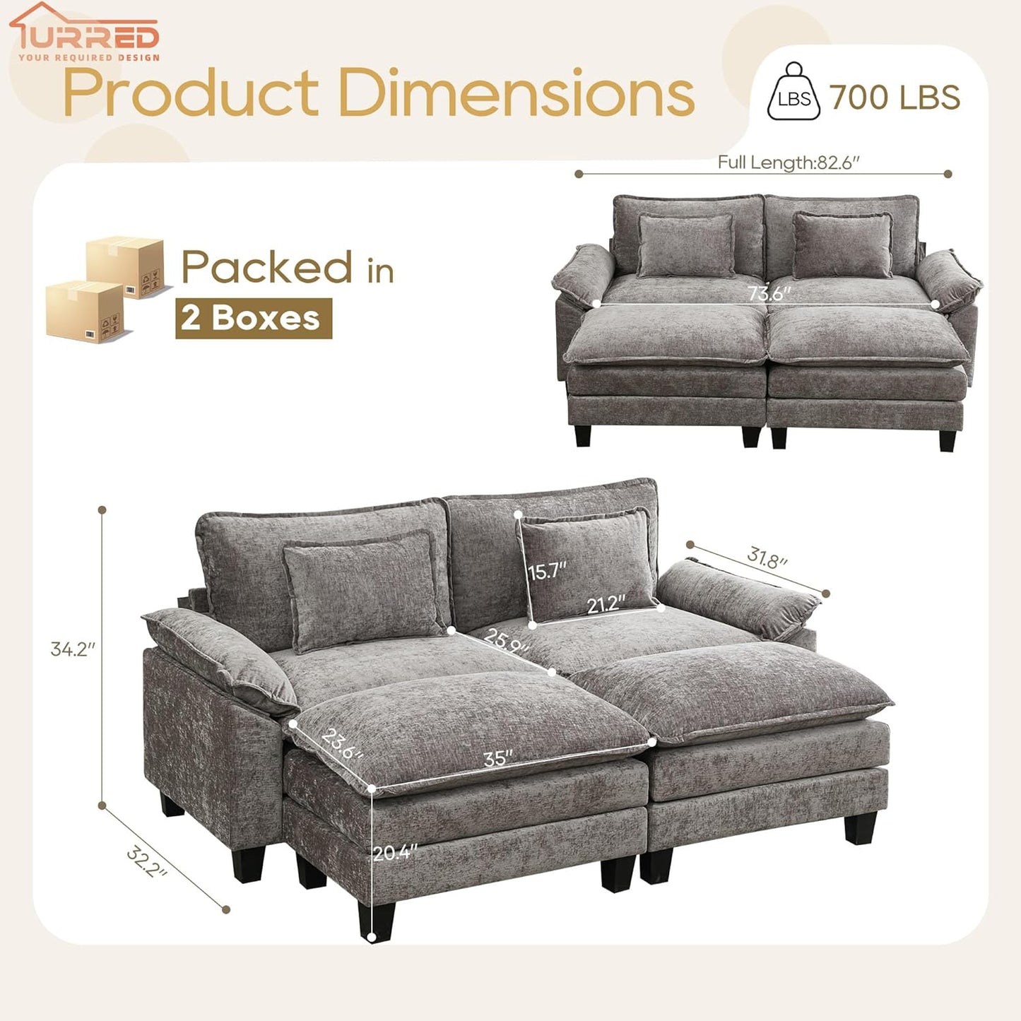 URRED Modular Sectional Sofa Comfy Cloud Couch, Modern Chenille Sofa Sleeper Deep Seat Couches with Ottoman/Pillows for Living Room (Gray, 82.6''- 2 Ottomans)