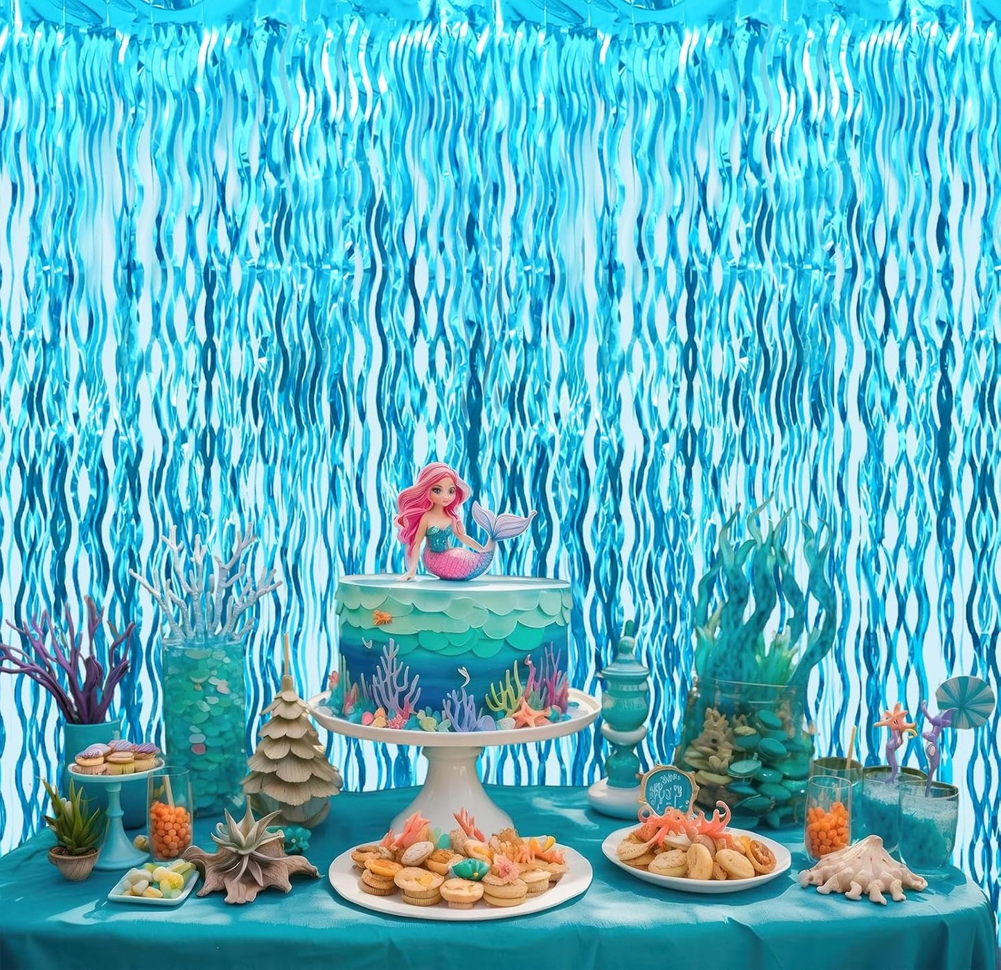 Goer Metallic Tinsel Foil Fringe Curtains for Party Photo Backdrop Wedding Decor (3 Pcs,Wavy Light Blue)