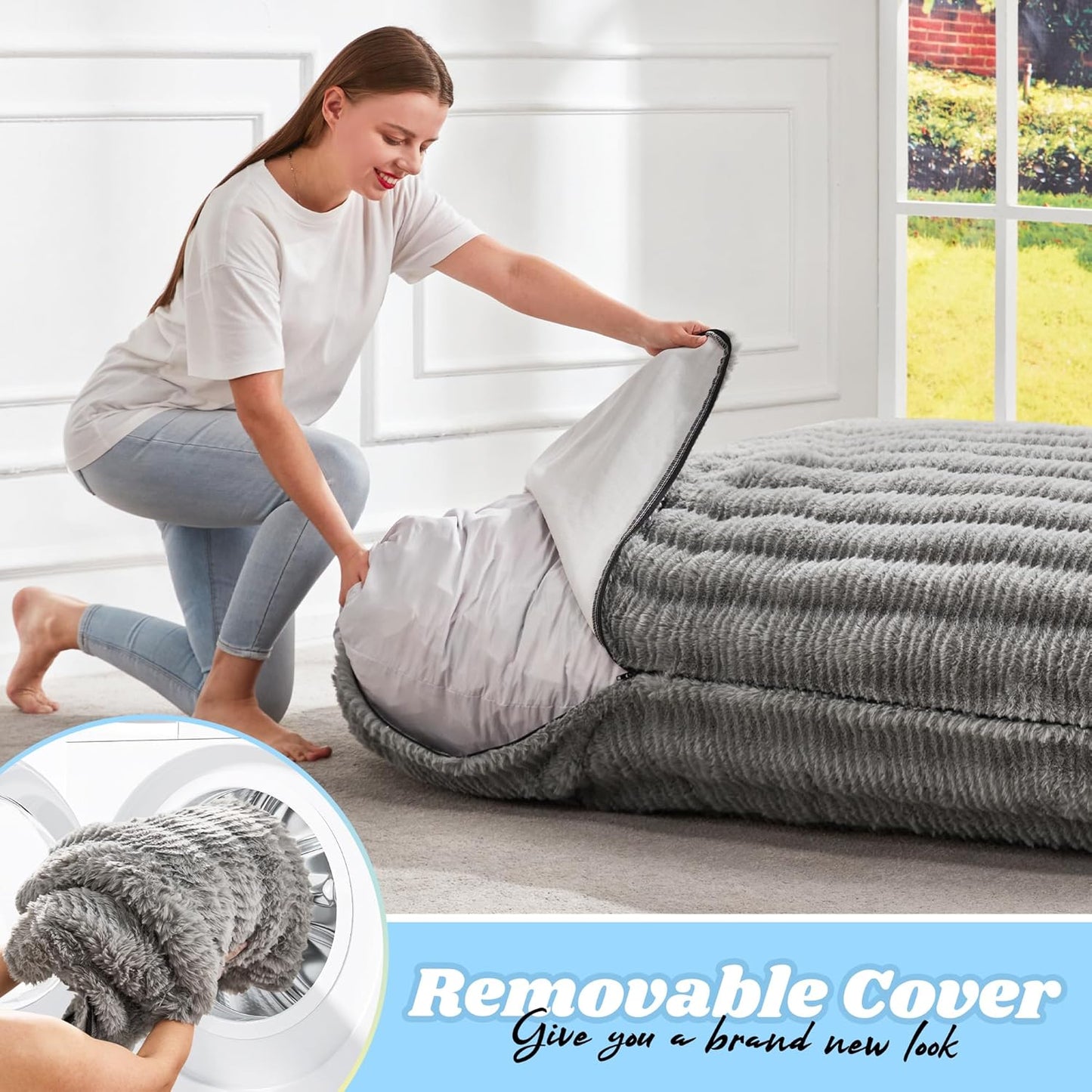 Hobestluk 3 in 1 Bean Bag Chair Giant Bean Bag Chairs for Adults with Ripple Cover Convertible Bean Bag Floor Cushion with Machine Washable Cover for Living Room (Ripple Grey)