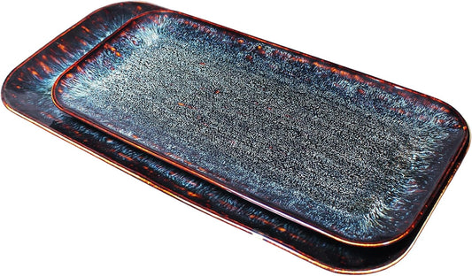 Porcelain Dinner Plates Platters Set of 2, for Fruit, dessert, snack platter, Bread, cupcake, Salad - Microwave, Dishwasher Safe, Scratch Resistant durable, Black Reactive glaze