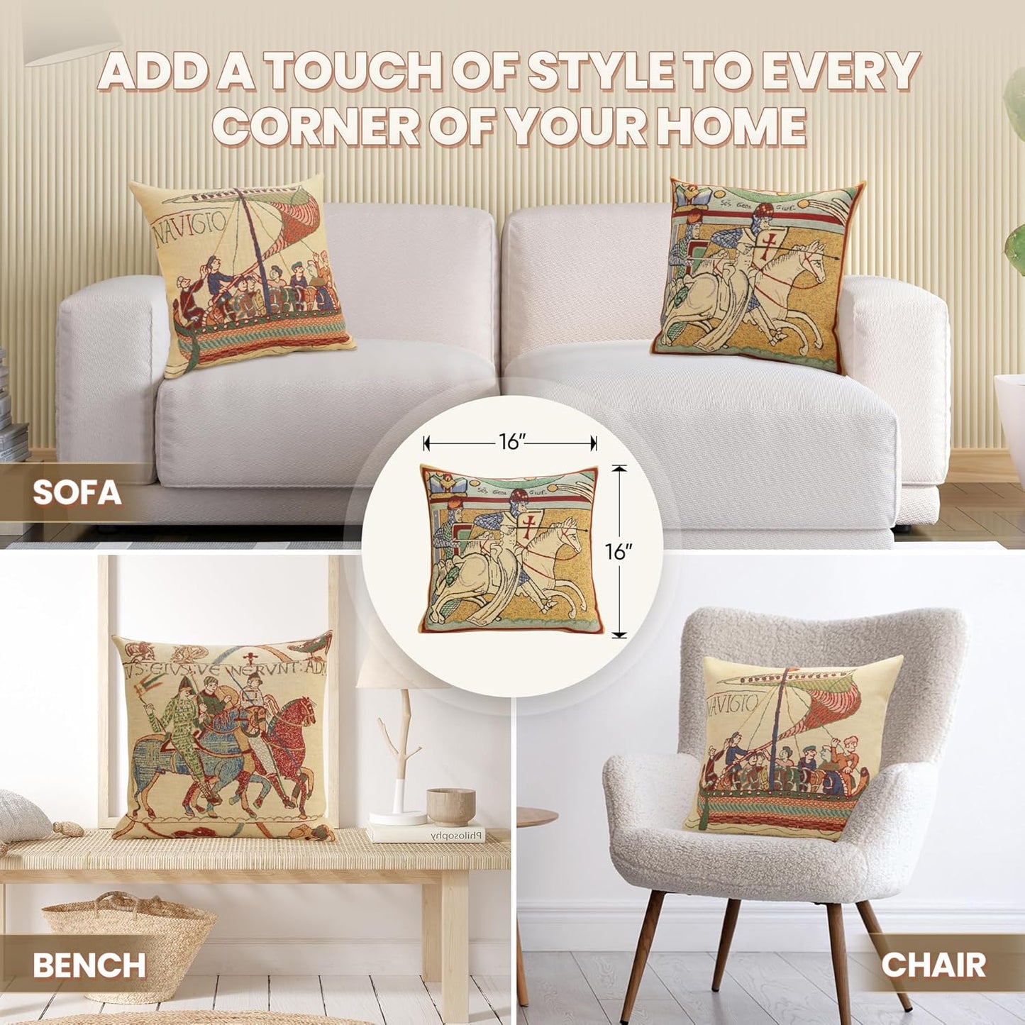 Charlotte Home Furnishings Chevaliers de St.Gregoire Throw Pillow Cover 16" x 16" – Medieval Knight Tapestry Cushion Case for Sofa, Couch, & Bed | Cotton Jacquard Woven in Europe | Insert Not Included