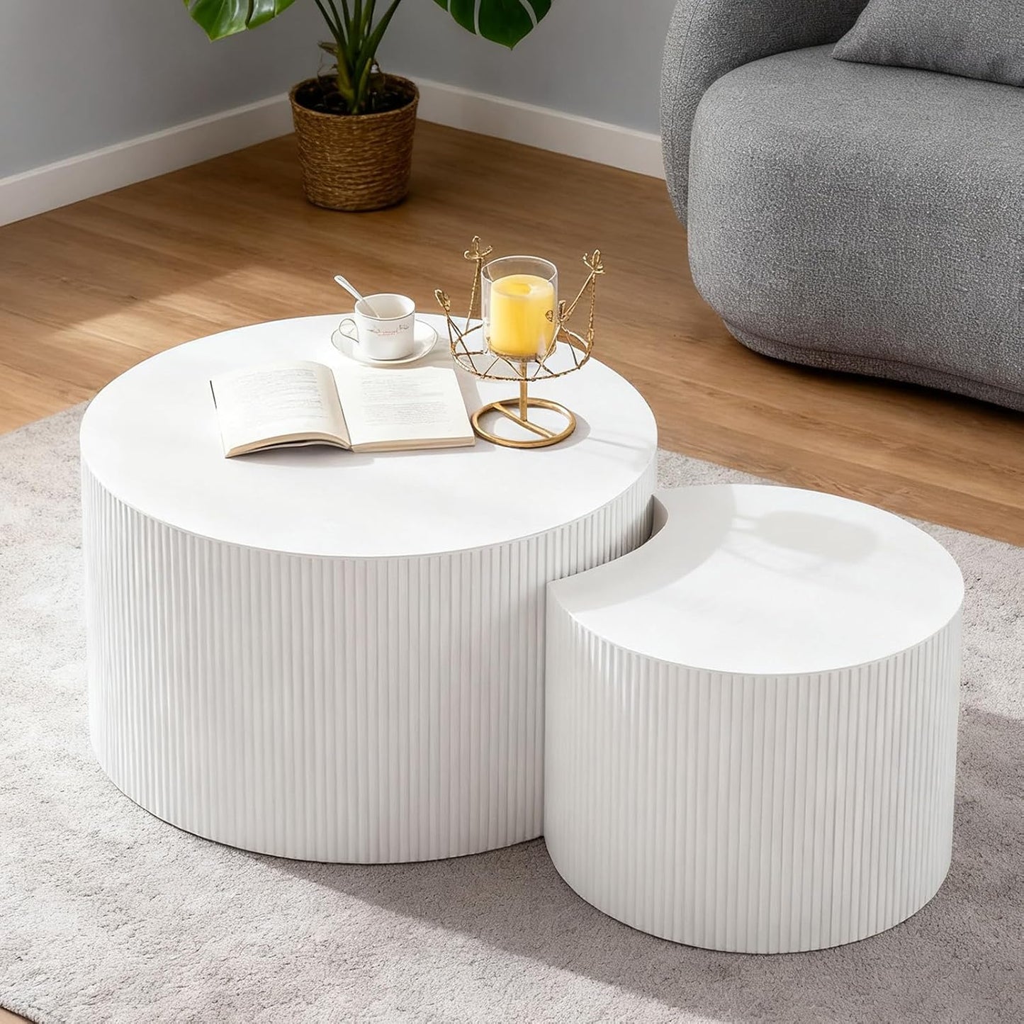 Round Nesting Coffee Table Modern White Fluted Coffee Table Set of 2 Stripe Cream Round Coffee Tables Drum Crescent Side Table Accent End Table for Living Room (White A Large)