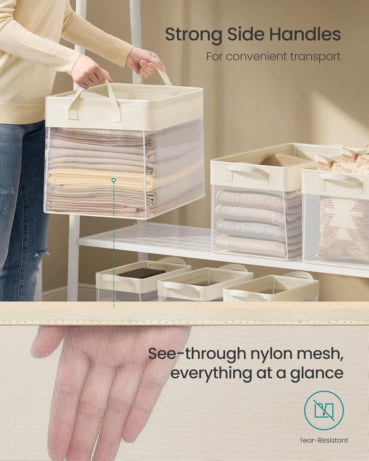 SONGMICS Storage Bins Set of 3, Large Fabric Storage Baskets, Foldable Organizer with Transparent Nylon Mesh, 19.7 x 11.8 x 11.8 Inches, Handles, for Bedroom, Living Room, Cream White URFB950W01