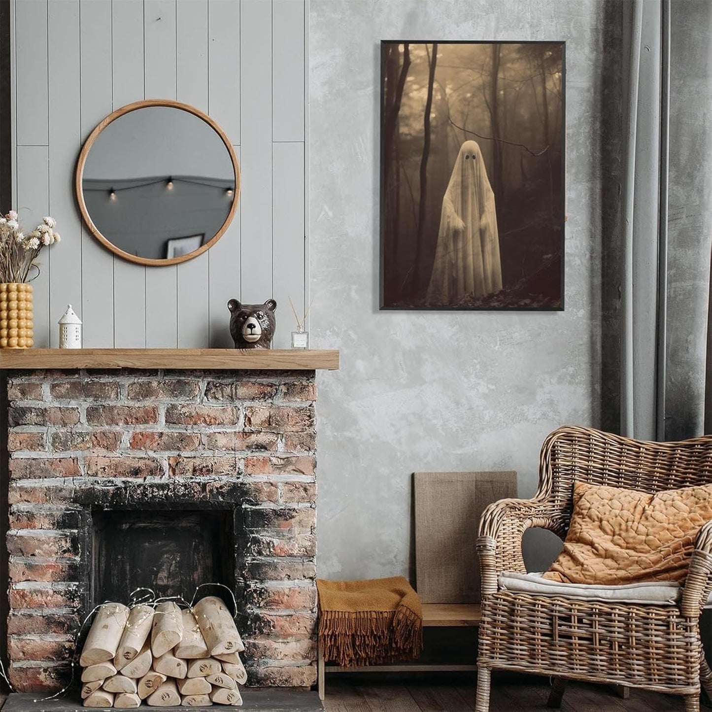 Ghost Forest Spooky Print Poster The Gothic Room Decor Creepy Picture Posters Dark Academia Aesthetic Family Prints Canvas Wall Art Home Apartment Decorations 16X24inch Aluminum Framed