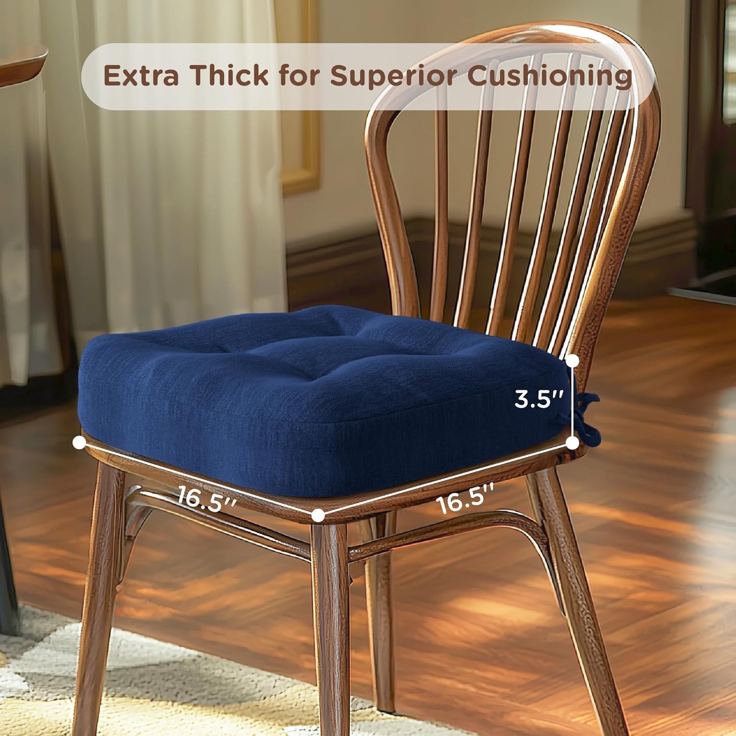 Codi 6 Pack Dining Chair Cushions, Thick Chairs Pads for Indoor Kitchen Room - Washable, Non-Slip Seat Cushion with Ties, 16.5"x16.5"x 3.5", Set of 6, Navy
