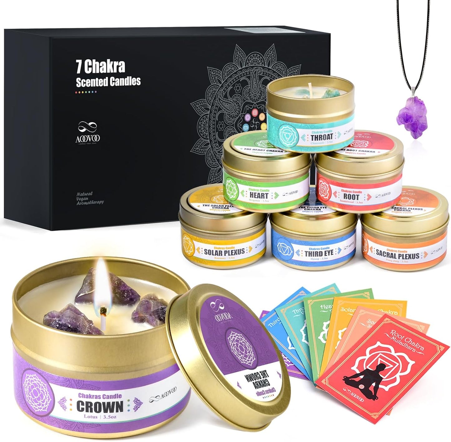 AOOVOO Chakra Candles with Healing Crystals - 7 Chakra Candle Set, Spiritual Gifts for Women, Aromatherapy Candle, Soy Candles for Women