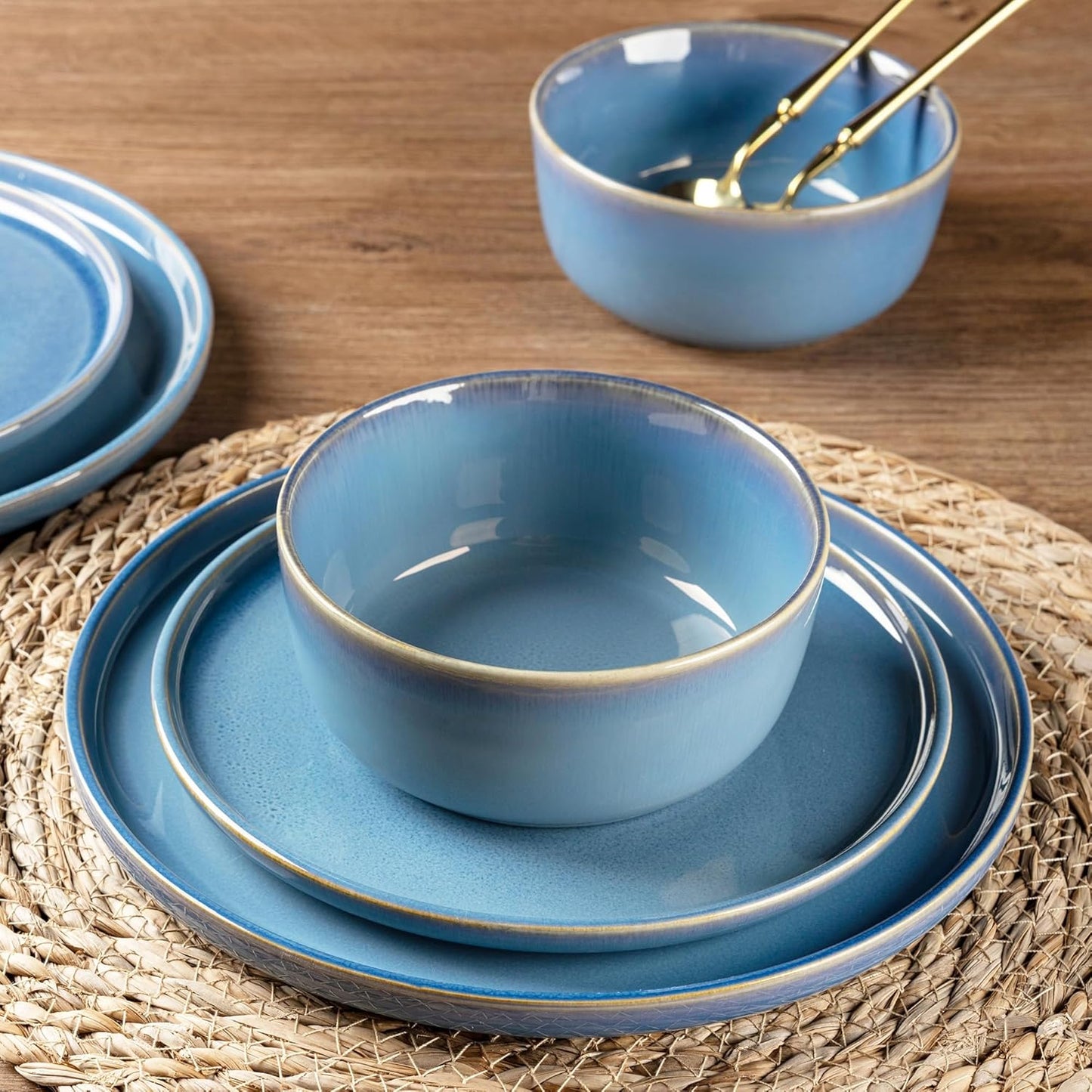 GBHOME Ceramic Dinnerware Sets for 4, 12 Pieces Stoneware Plates and Bowls Sets, Reactive Glaze Dishes -Scratch Resistant, Dishwasher&Microwave Safe-Alaskan Blue