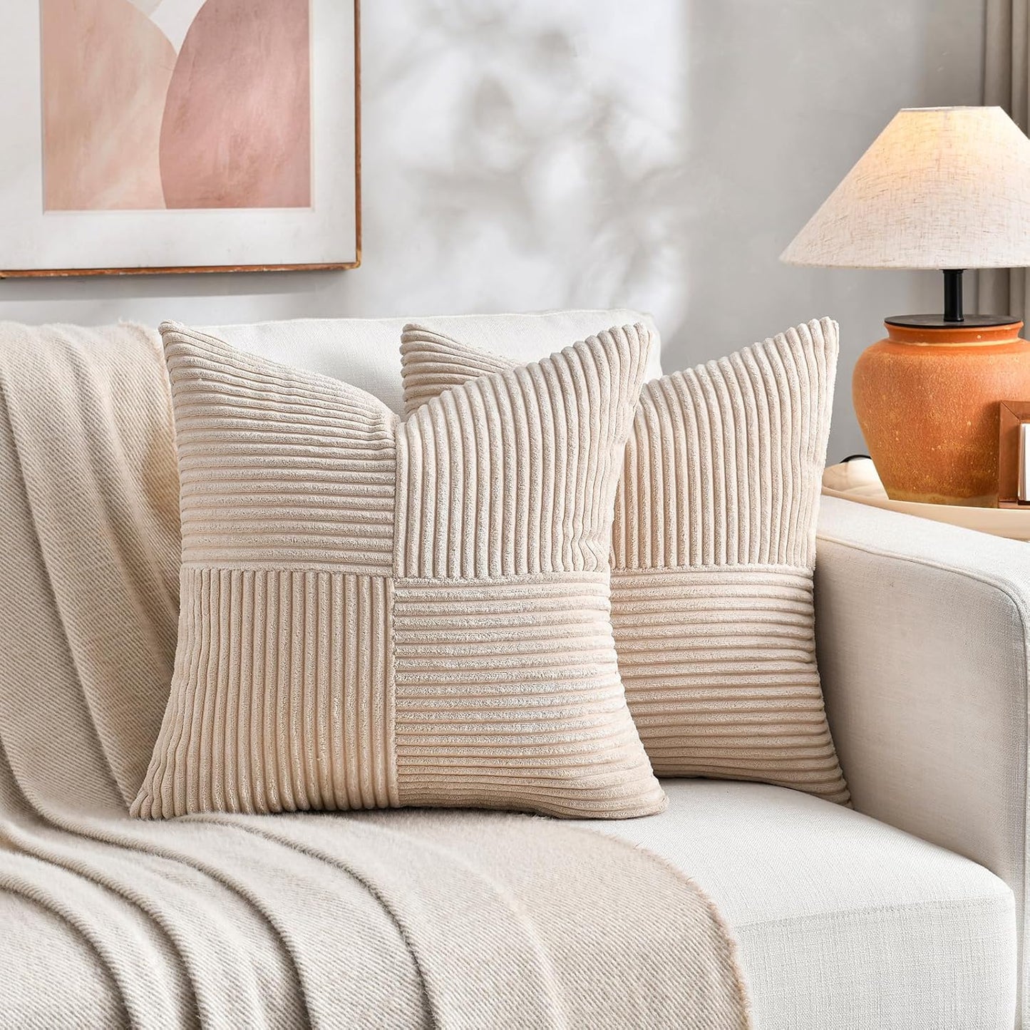 Fancy Homi 2 Packs Tan Samll Decorative Throw Pillow Covers 12x12 Inch with for Couch Bed Sofa, Rustic Farmhouse Boho Home Decor, Soft Corss Patchwork Corduroy Square Beige Cushion Case 30x30 cm