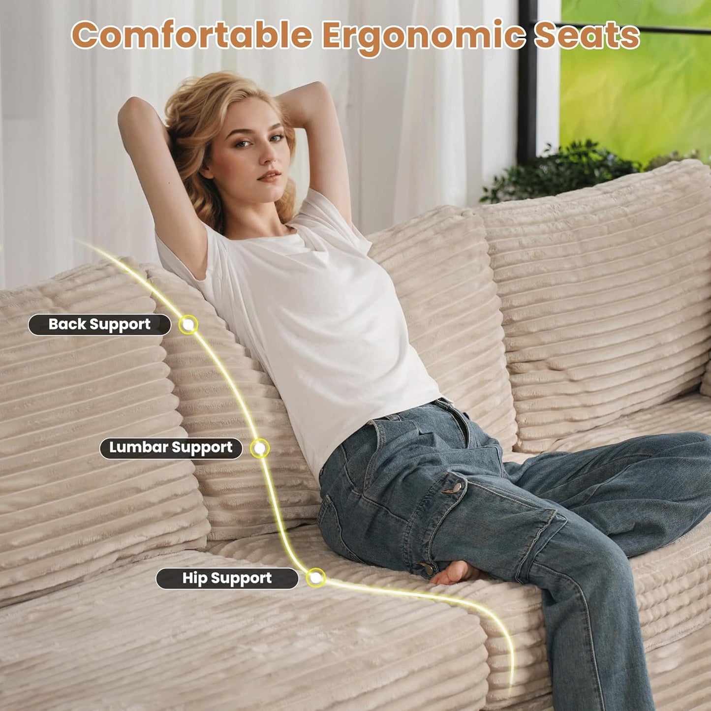 ovios Sectional Sofa Couch with U-Shape Chaise Sofa Bed, Comfy Modular Cloud Couches with Deep Seat, Modern Upholstered Plush Corduroy Sofas Set for Living Room, 8-Seater, Beige