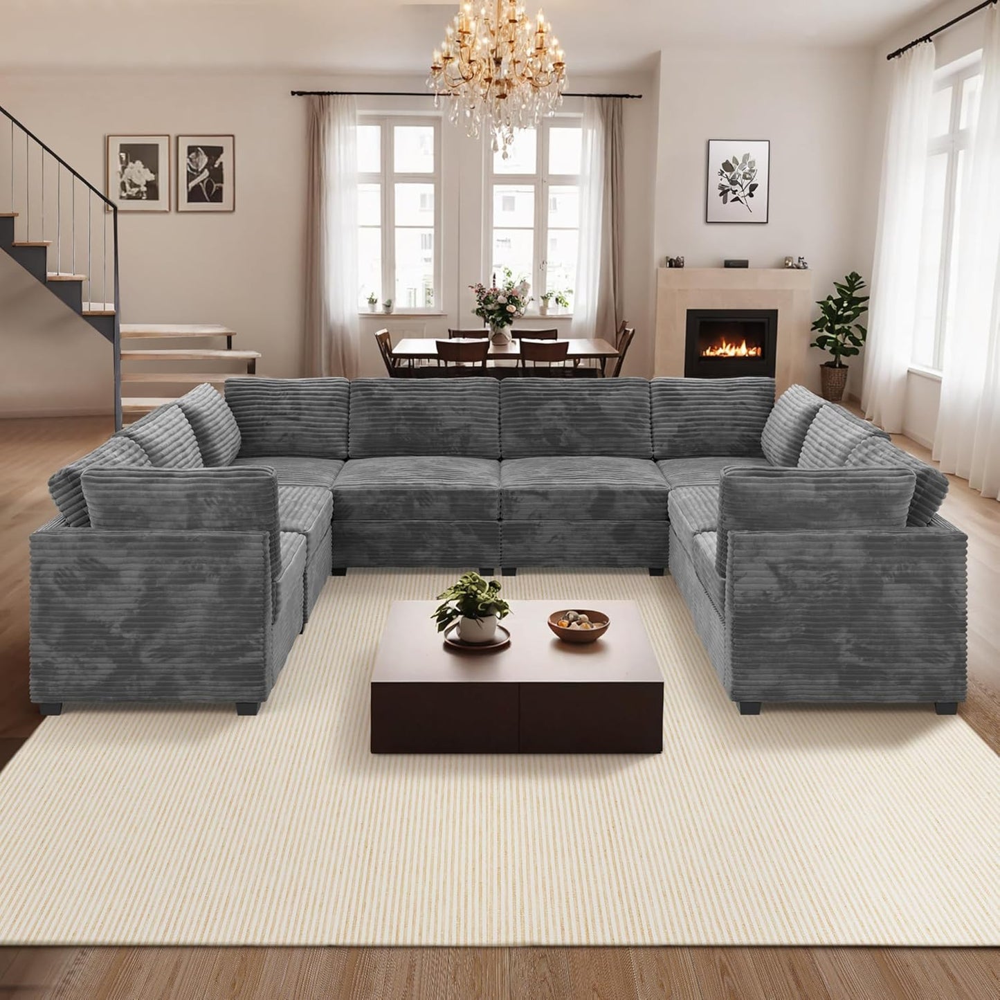 ovios Sectional Sofa Couch with U-Shape Chaise Oversized, Comfy Modular Cloud Couches with Deep Seat, Modern Upholstered Plush Corduroy Sofas Set for Living Room, 8-Seater, Grey