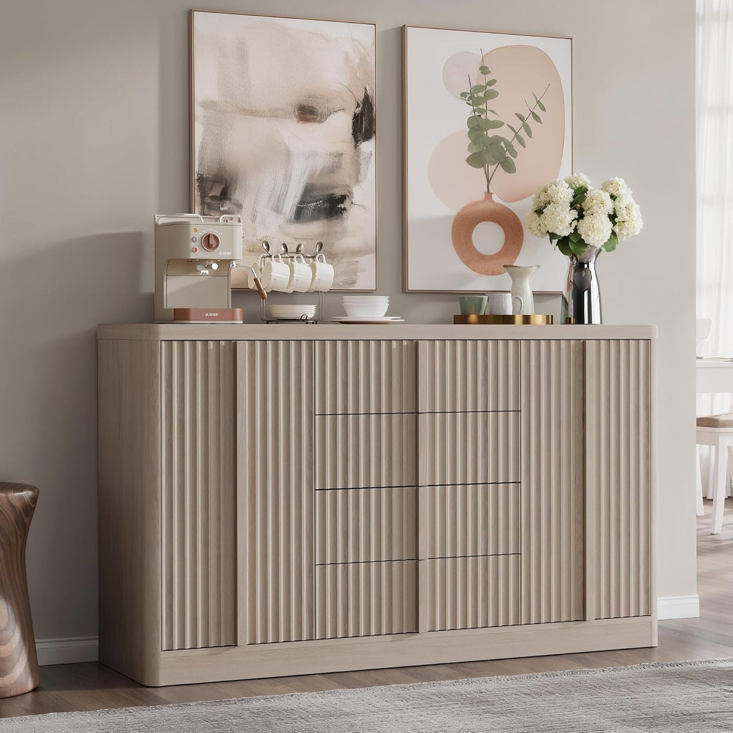 Buffet Cabinet with Storage, 60" Fluted Coffee Bar Cabinet with 4 Drawers & 2 Doors, Solid Wood Handle, Credenza Accent Storage Cabinet for Kitchen Living Dining Room, Natural Oak(1PCS)