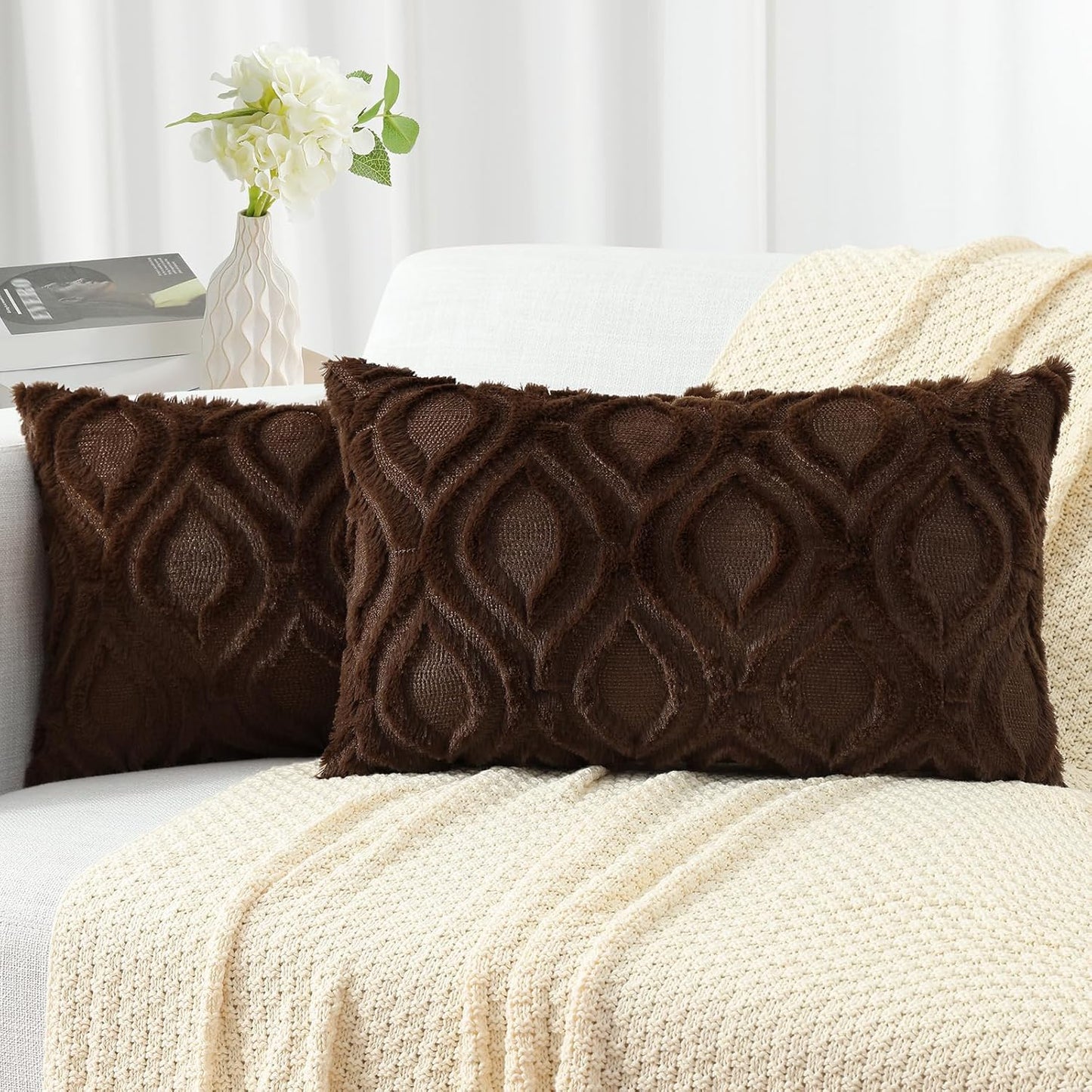 decorUhome Throw Pillow Covers 12x20 Inch Set of 2, Soft Plush Decorative Faux Fur Dark Brown Solid Couch Pillow Covers, Accent Farmhouse Neutral Lumbar Euro Pillow Cases for Sofa Bed Living Room