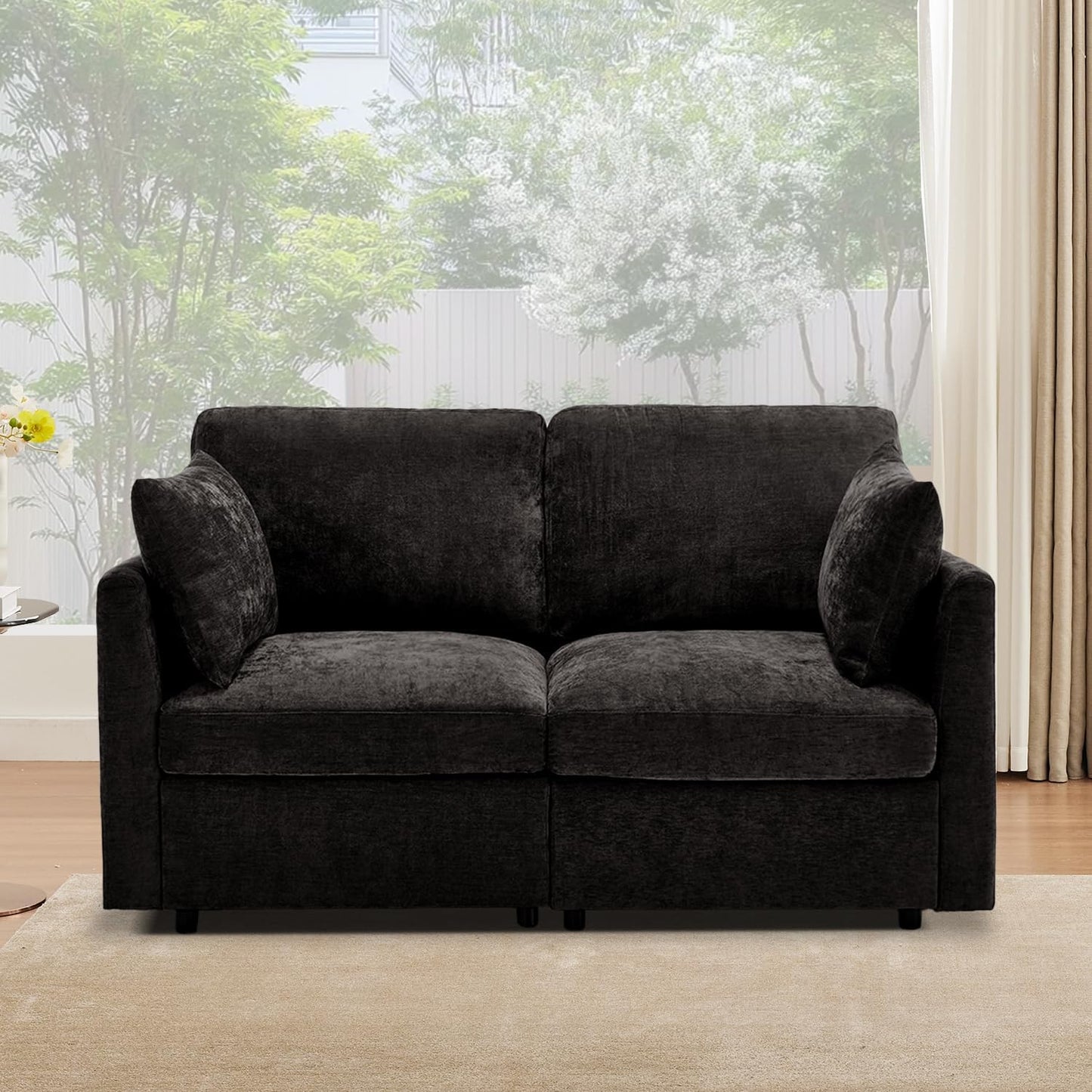 Tbfit 59" Loveseat Sofa, Chenille Small Sofa Couch, Love Seat with 2 Pillows for Small Space, Bedroom & Living Room, Black