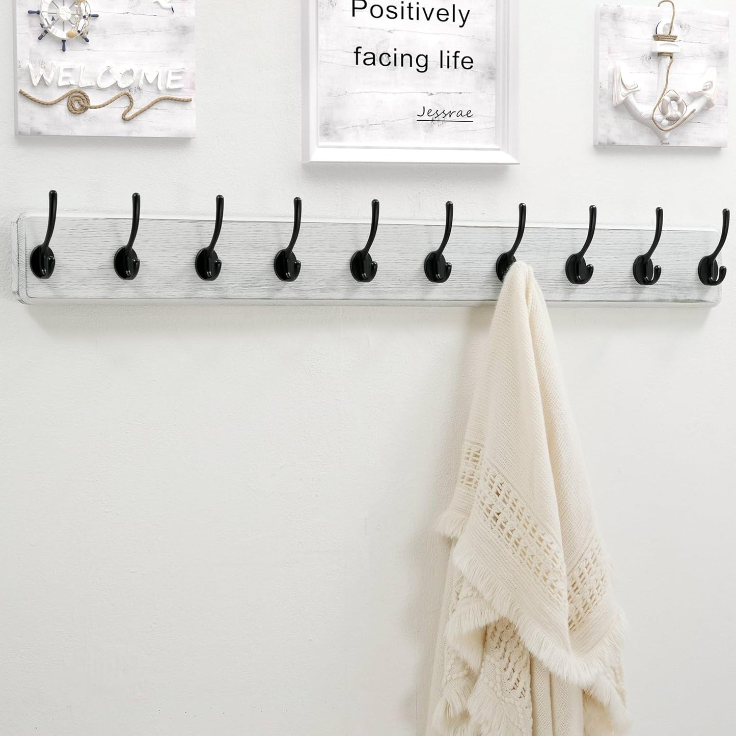 Dseap Wall Mounted Coat Rack: 38-1/4" Long, Patented, Heavy-Duty, 10-Double-Hooks Wooden Hanger Rail for Winter Coats, Hat, Jacket, Clothing - White & Black, Pack of 2