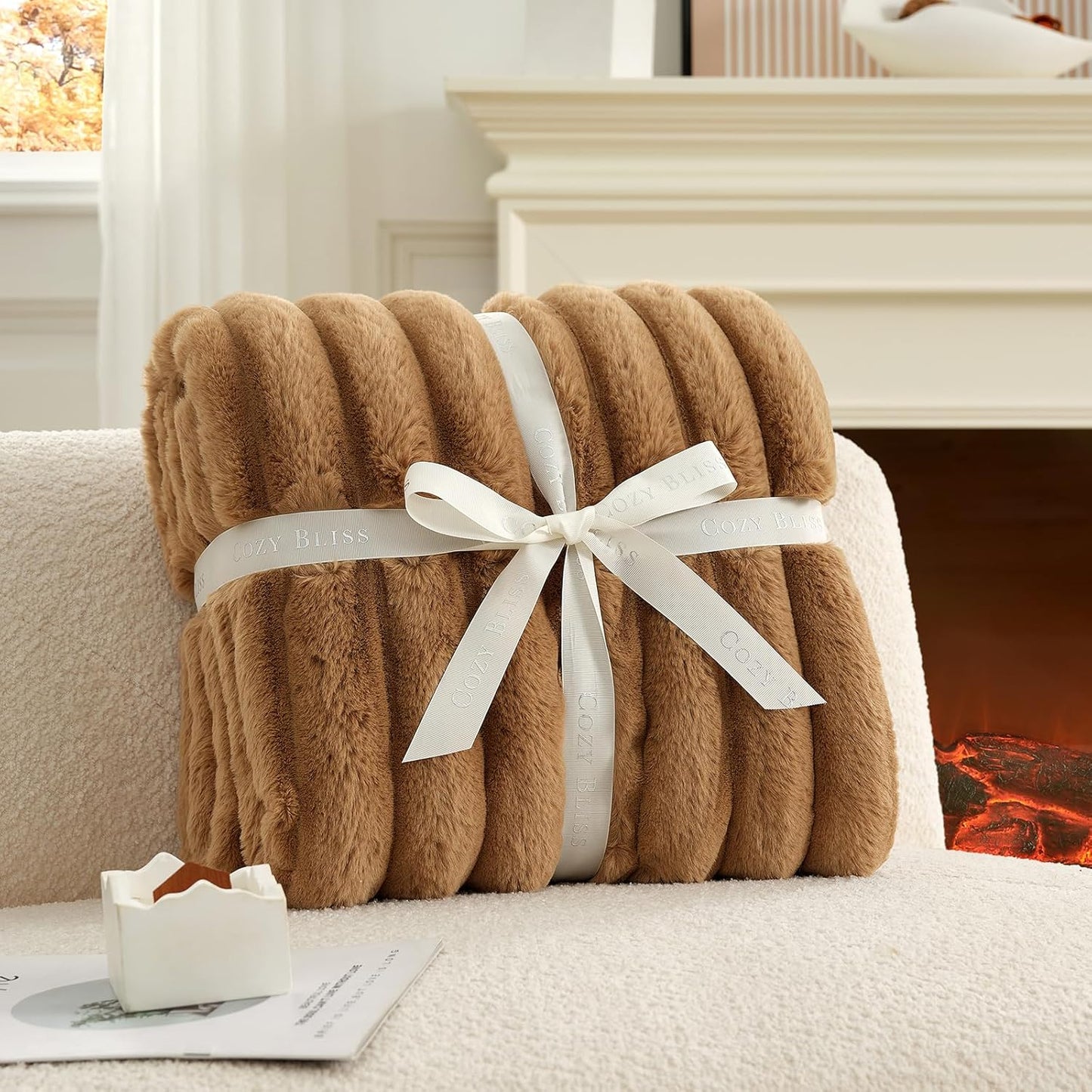 Cozy Bliss Faux Fur Throw Blanket for Couch, Cozy Warm Plush Striped Blanket for Sofa Bedroom Living Room, 50 * 60 Inches Toasty Brown