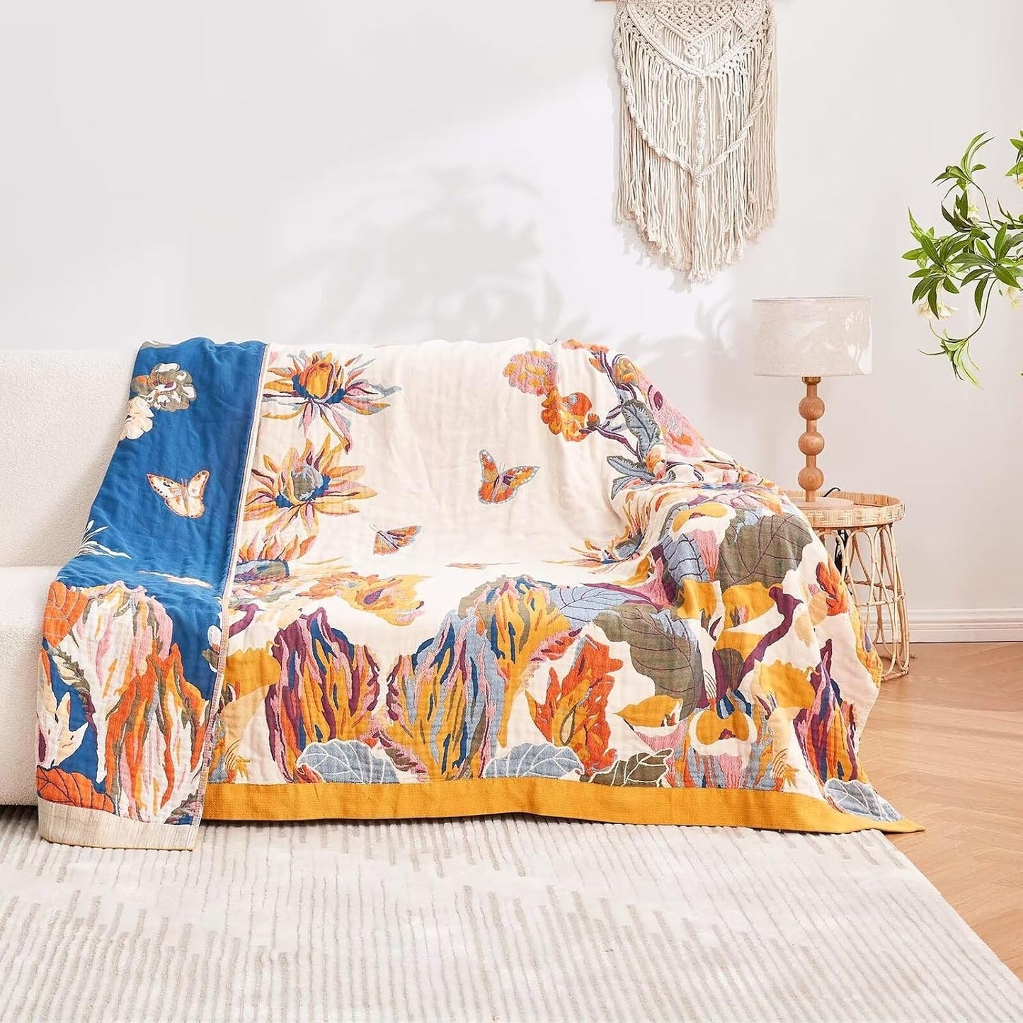 Boho Throw Blanket, 100% Cotton Ultra Soft Luxury Throw Rustic Quilt, 90"x98" Floral Bird Butterfly Farmhouse Decor Bed Blankets, All Season Rustic Reversible Bohemian Throw for Bed - Yellow