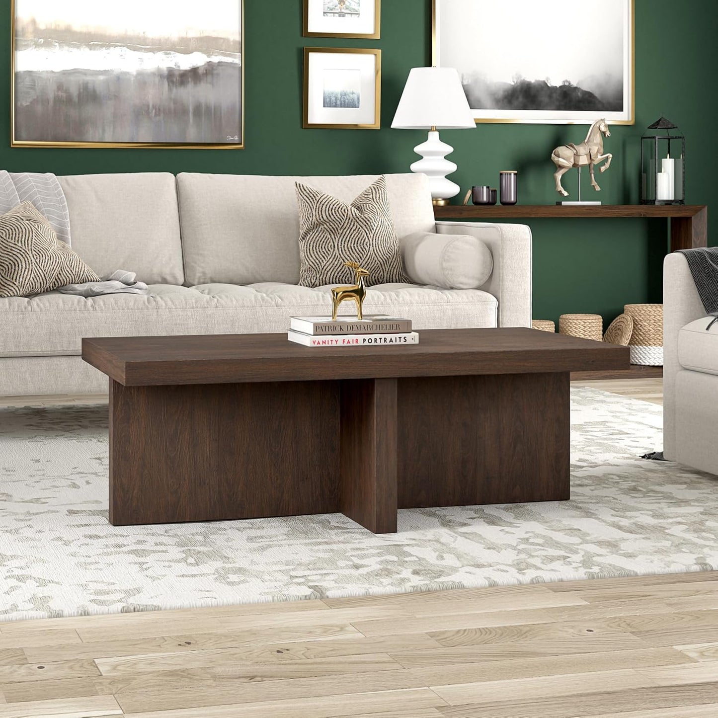 Henn&Hart 44" Rectangular Wood Pedestal Low-Profile Coffee Table for Living Room, Family Room, or Office, Alder Brown