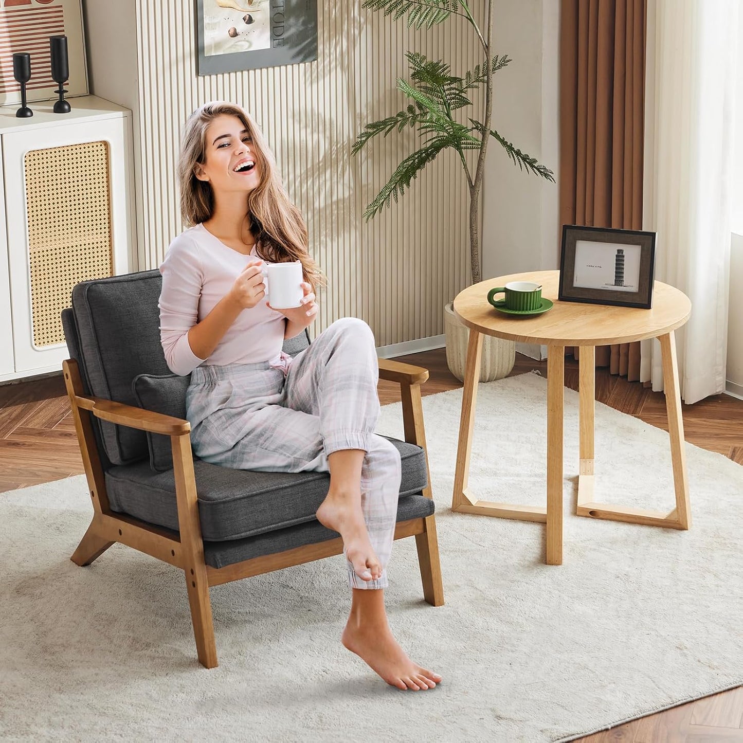 Karl home Accent Chair Wide Armrest Mid-Century Lounge Chair Linen Fabric Armchair with Lumbar Pillow & Solid Wood Frame for Living Room, Bedroom, Balcony, Gray