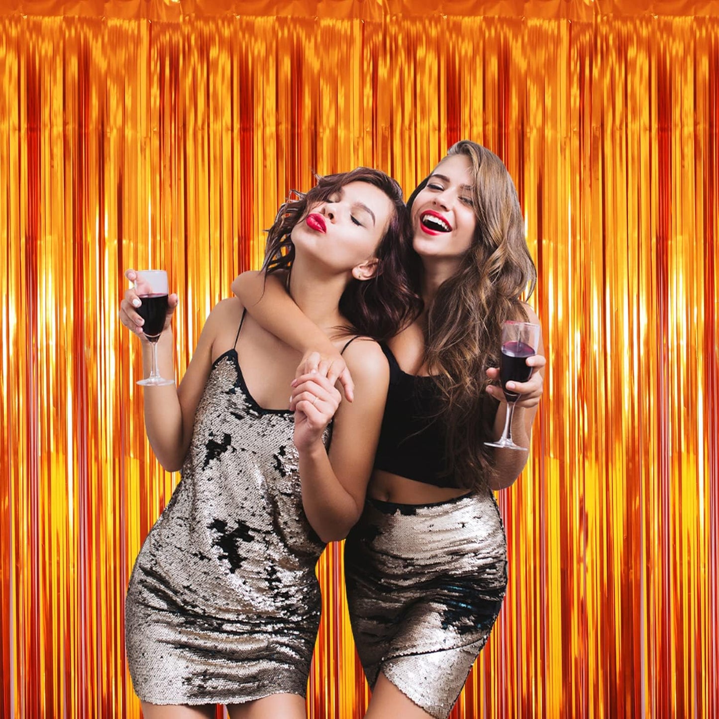 GOER 3.2 ft x 9.8 ft Metallic Tinsel Foil Fringe Curtains Party Photo Backdrop Party Streamers for Birthday,Graduation,New Year Eve Decorations Wedding Decor (3 Packs,Orange)