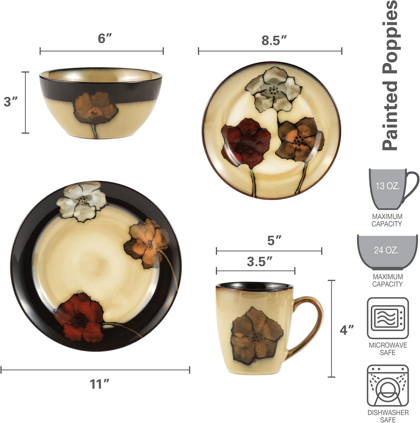 Pfaltzgraff Painted Poppies 16-Piece Dinnerware Set, Service for 4, Colorful Floral Stoneware Plates, Bowls, and Mugs, Microwave and Dishwasher Safe