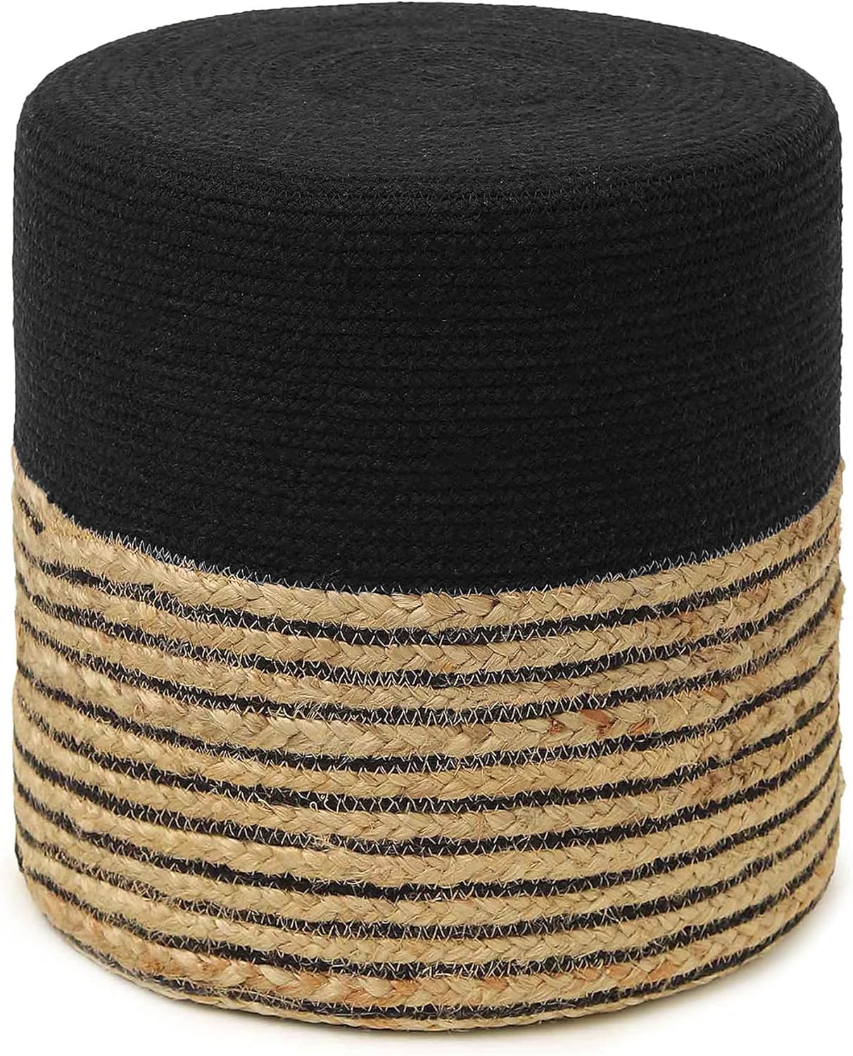 REDEARTH · Cylindrical Pouf Ottoman - Braided Pouffe Accent Sitting Round Footrest for Living Room, Bedroom, Nursery, kidsroom, Patio, Gym; 70% Cotton 30% Jute, (14.5x14.5x16; Black Natural)