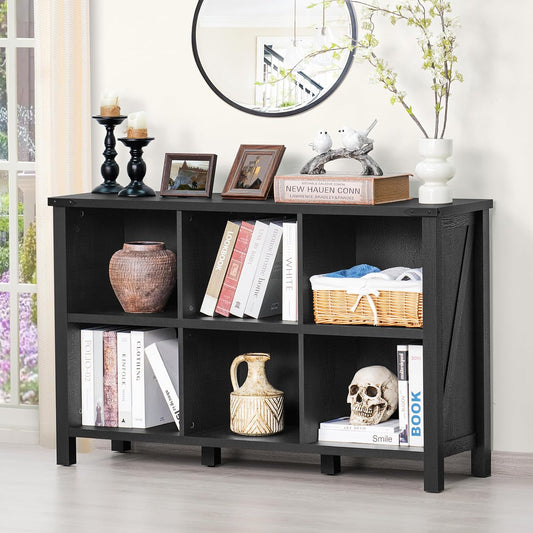 6 Cube Bookcase, Farmhouse Wood Low Storage Organizer Book Shelf, Black 47" Horizontal Console Bookshelf with Legs, Hallway Book Case for Entryway, Display Cabinet for Living Room, Office